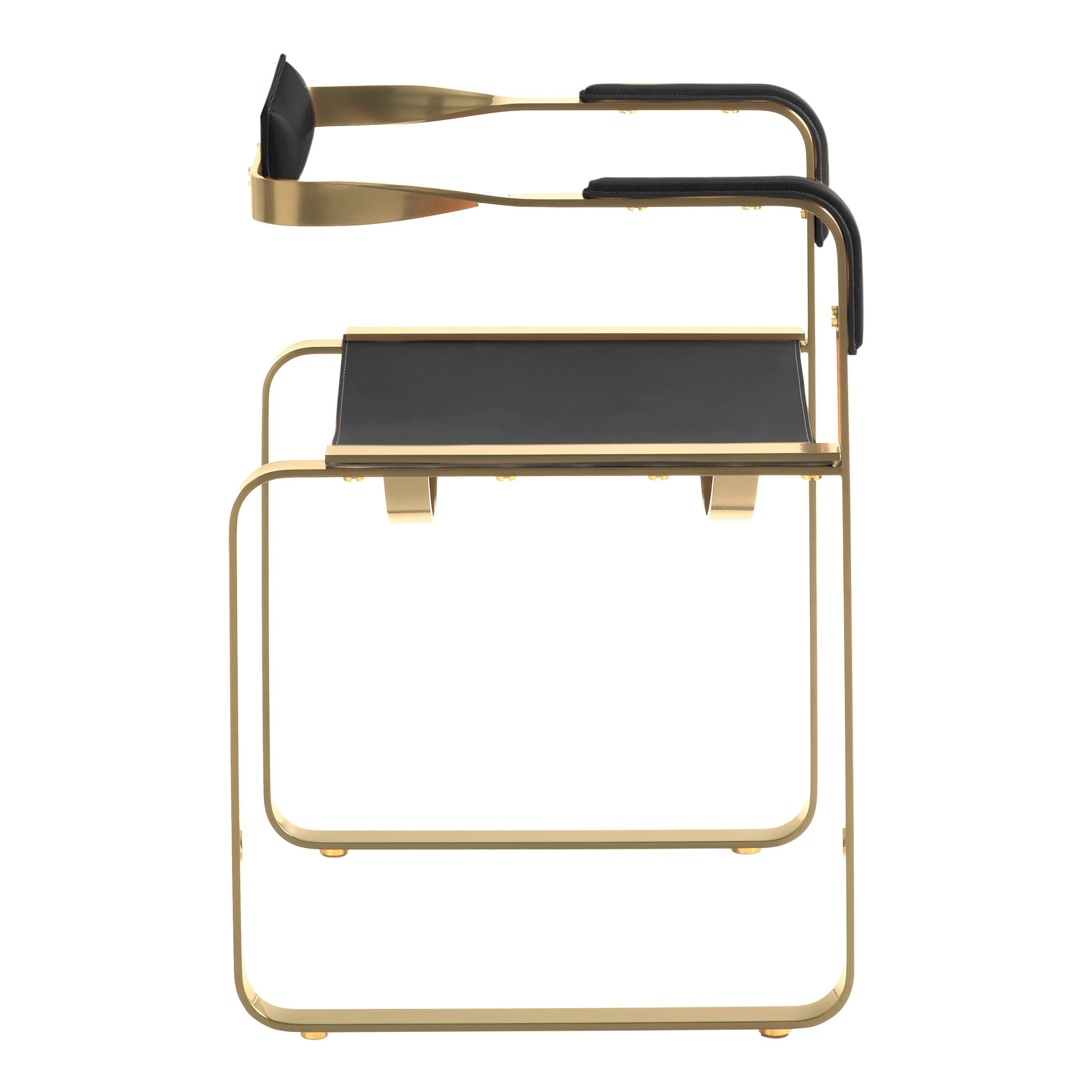 Minimalist Armchair, Aged Brass Steel and Black Saddle Leather, Contemporary Style For Sale