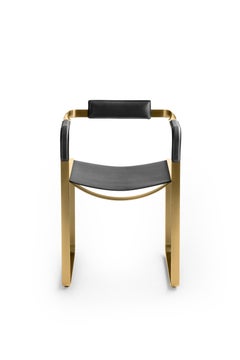 Armchair, Aged Brass Steel and Black Saddle Leather, Contemporary Style