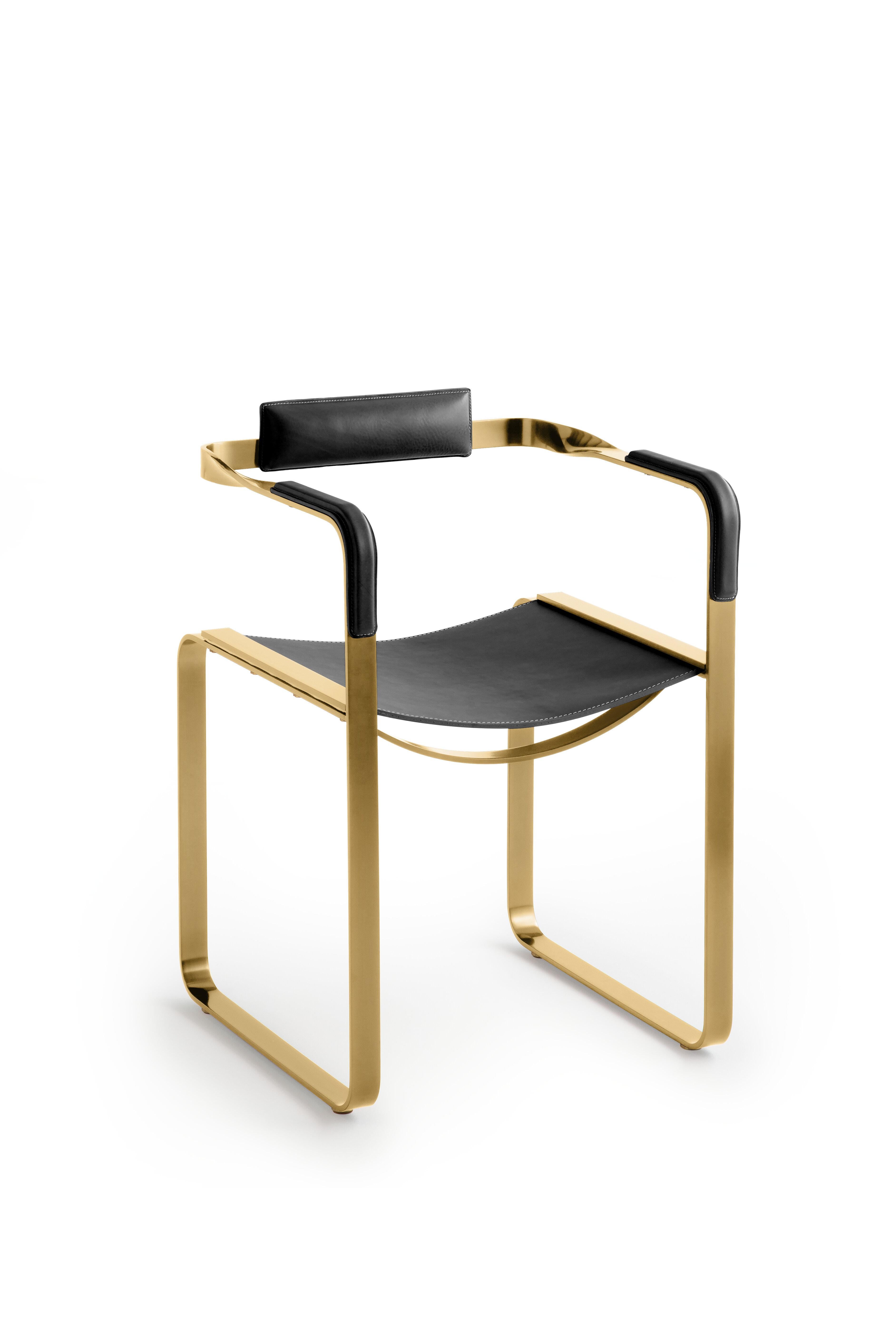 Armchair, Aged Brass Steel and Black Saddle Leather, Contemporary Style In New Condition For Sale In Alcoy, Alicante