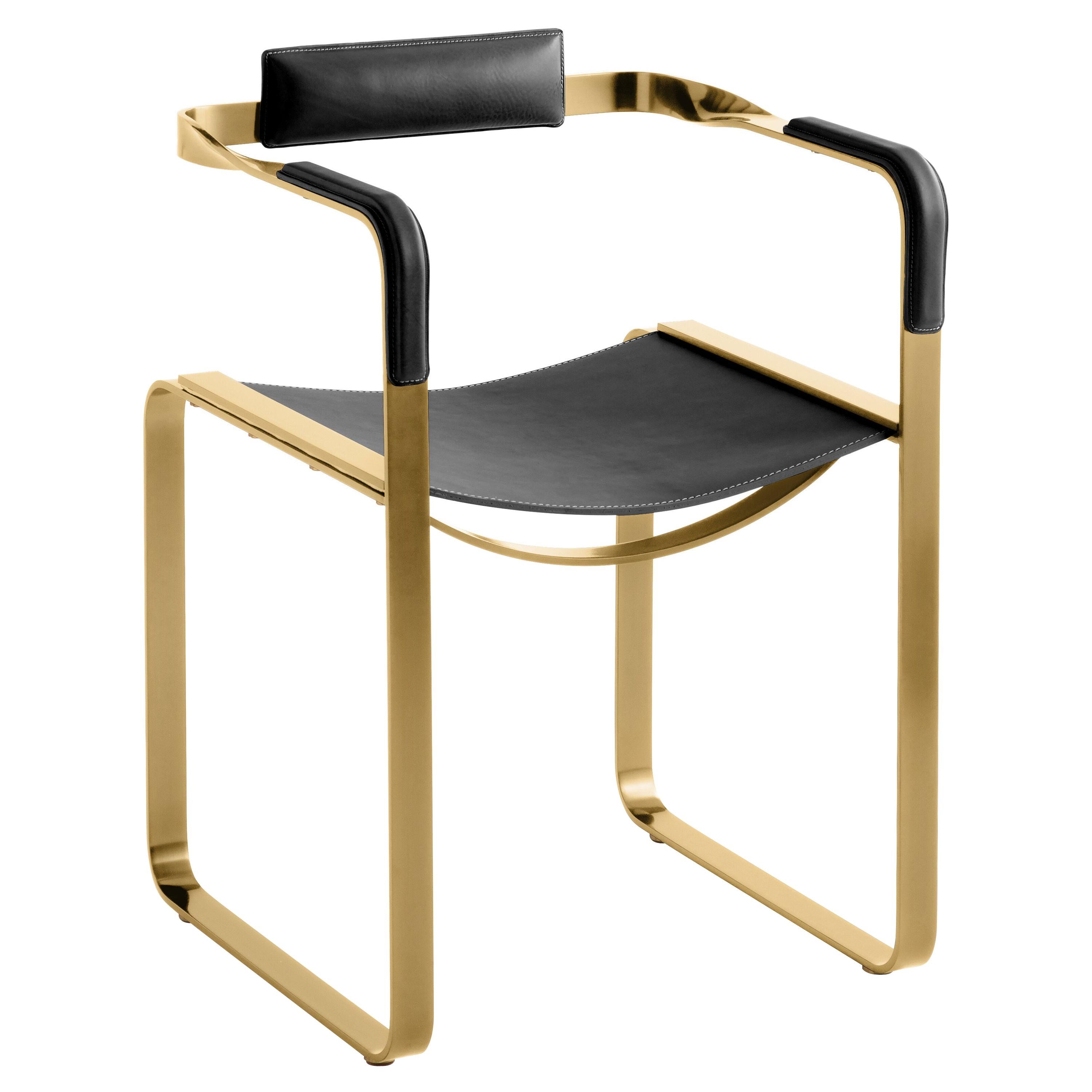 Armchair, Aged Brass Steel and Black Saddle Leather, Contemporary Style