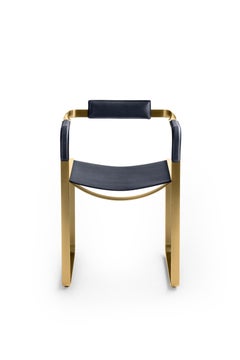Armchair, Aged Brass Steel & Blue Navy Saddle Leather, Contemporary Style