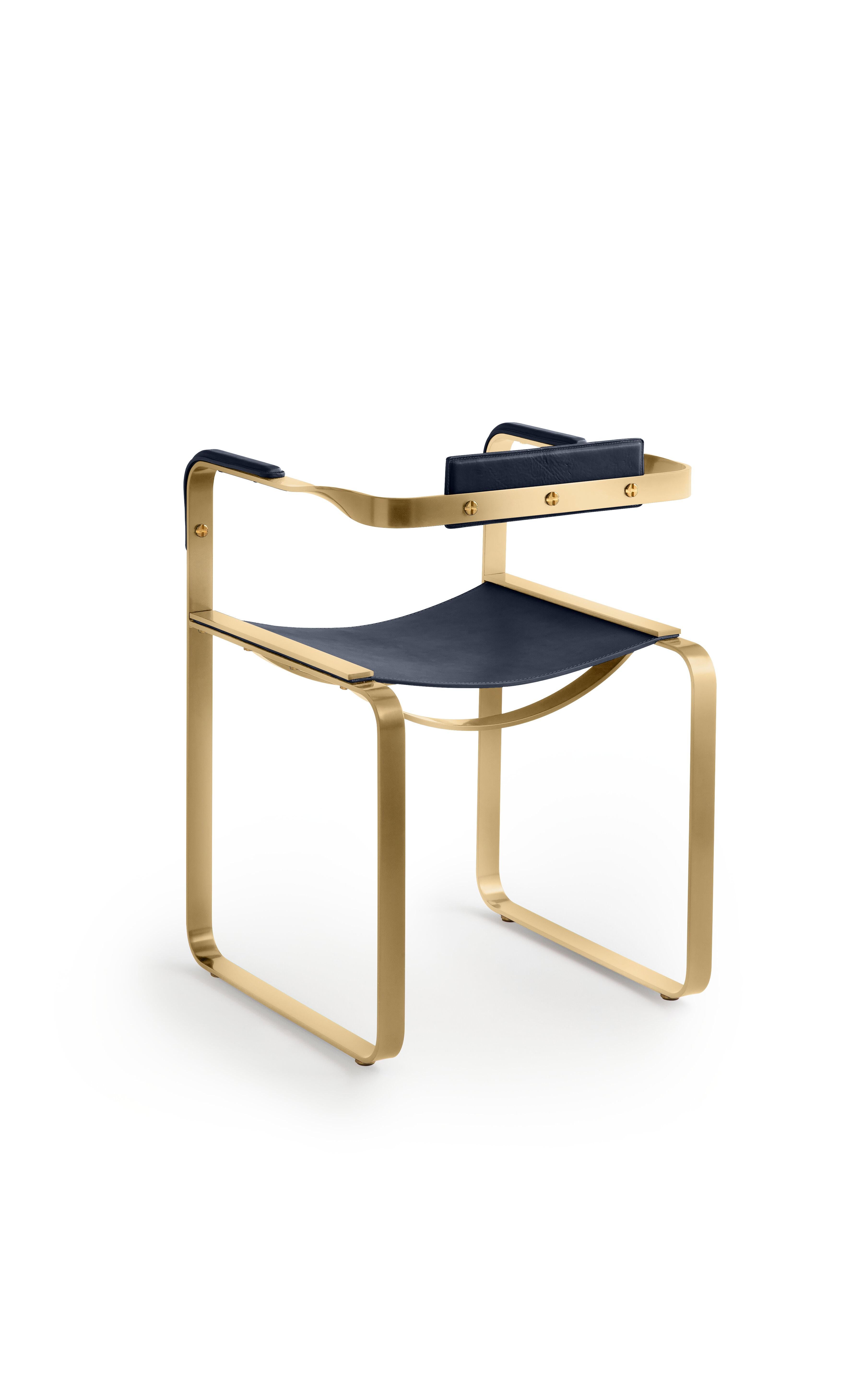 Minimalist Armchair, Aged Brass Steel & Blue Navy Saddle Leather, Contemporary Style For Sale