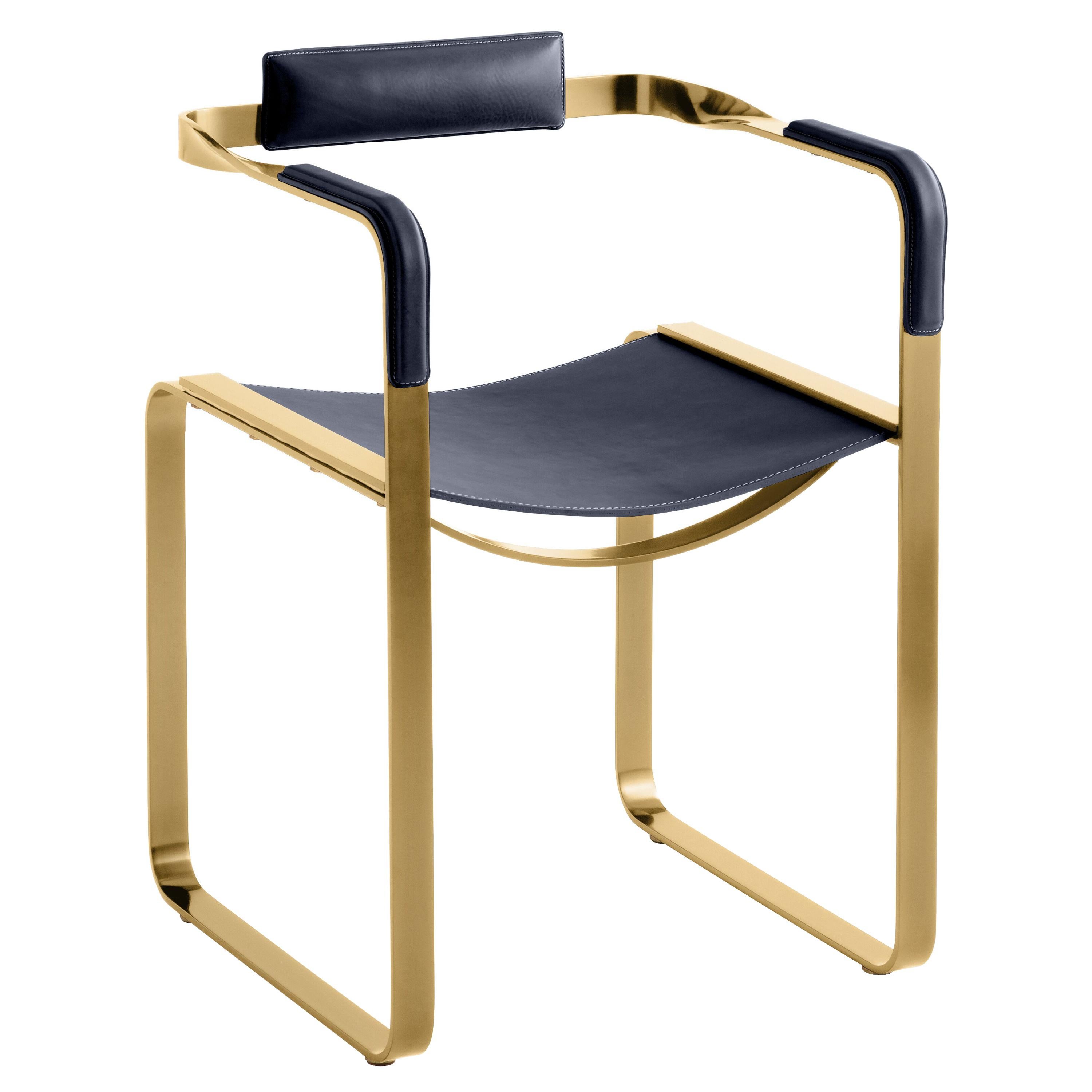 Armchair, Aged Brass Steel & Blue Navy Saddle Leather, Contemporary Style For Sale