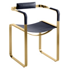 Armchair, Aged Brass Steel & Blue Navy Saddle Leather, Contemporary Style