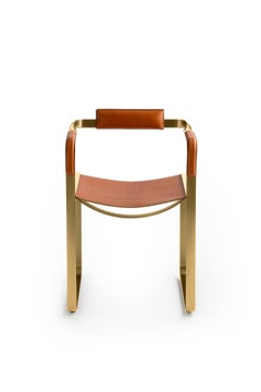 Sillón, Acero Latón Envejecido y Piel de Silla de montar Tabaco Natural, Estilo Contemporáneo