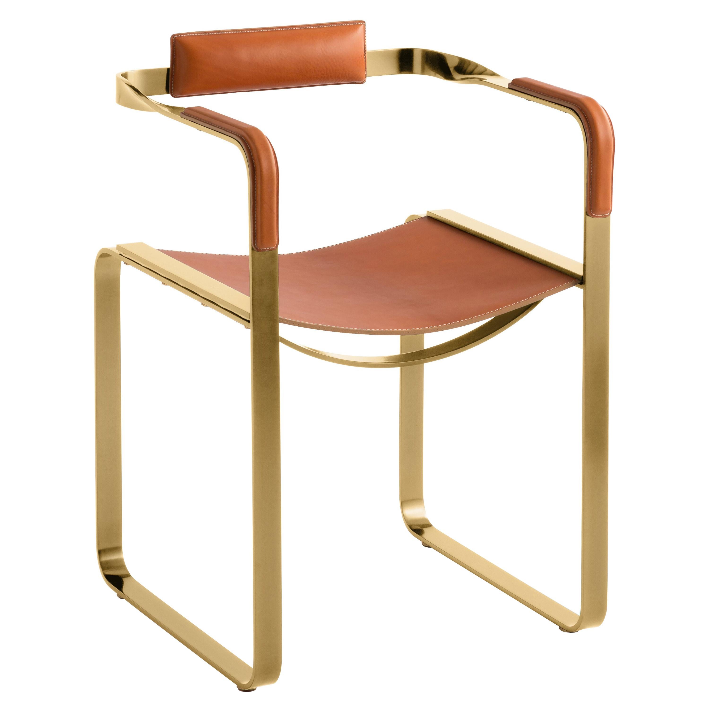 Armchair, Aged Brass Steel & Natural Tobacco Saddle Leather, Contemporary Style For Sale