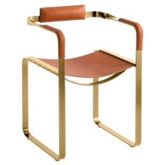 Sillón, Acero Latón Envejecido y Piel de Silla de montar Tabaco Natural, Estilo Contemporáneo