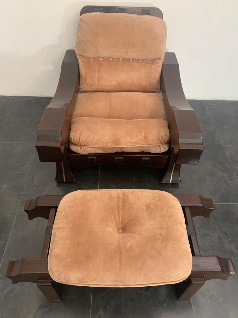 Brutalist Armchair and Footrest by Luciano Frigerio, Set of 2 For Sale