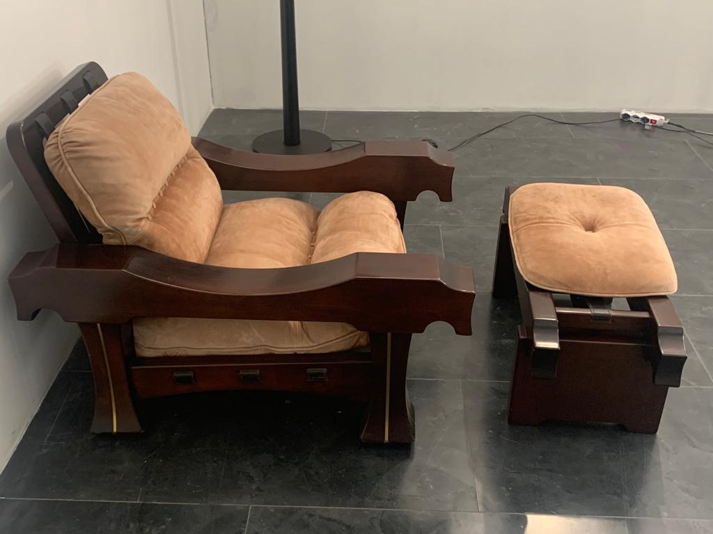 Suede Armchair and Footrest by Luciano Frigerio, Set of 2 For Sale