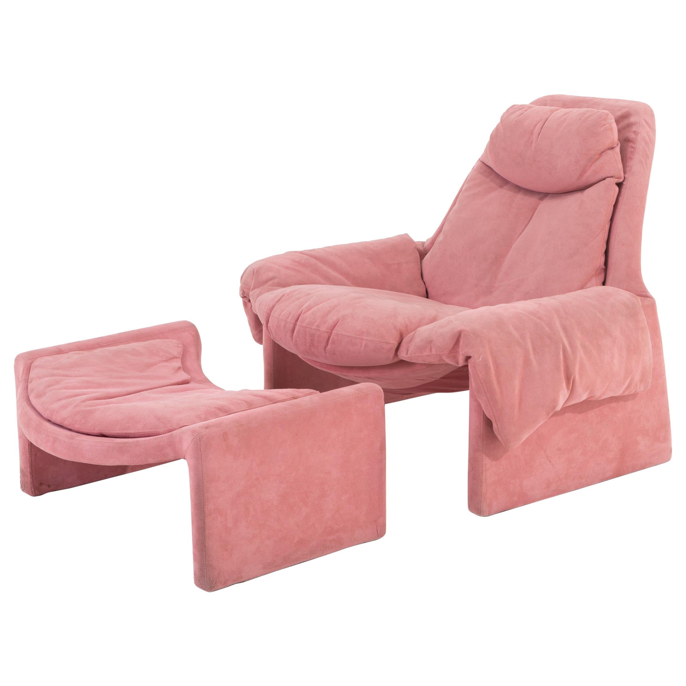 Armchair and Footrest in Pink Alcantara by Vittorio Introini for Saporiti