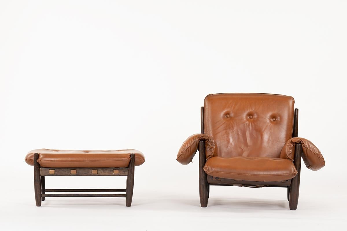 Mid-Century Modern Armchair and Footrest Lounge Chair by Sergio Rodrigues in Brown Leather, 1957