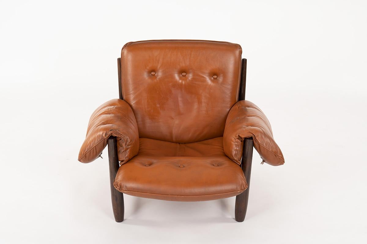 Brazilian Armchair and Footrest Lounge Chair by Sergio Rodrigues in Brown Leather, 1957