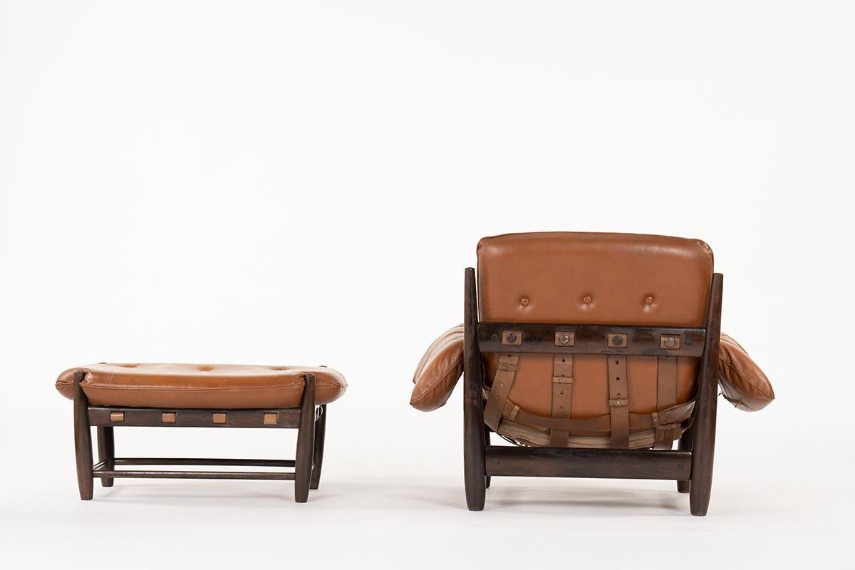 Armchair and Footrest Lounge Chair by Sergio Rodrigues in Brown Leather, 1957 In Fair Condition In JASSANS-RIOTTIER, FR