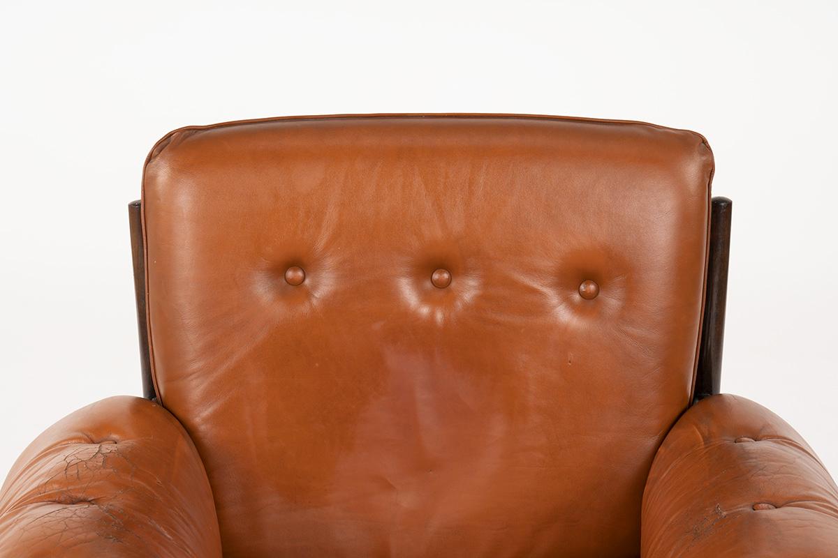 20th Century Armchair and Footrest Lounge Chair by Sergio Rodrigues in Brown Leather, 1957