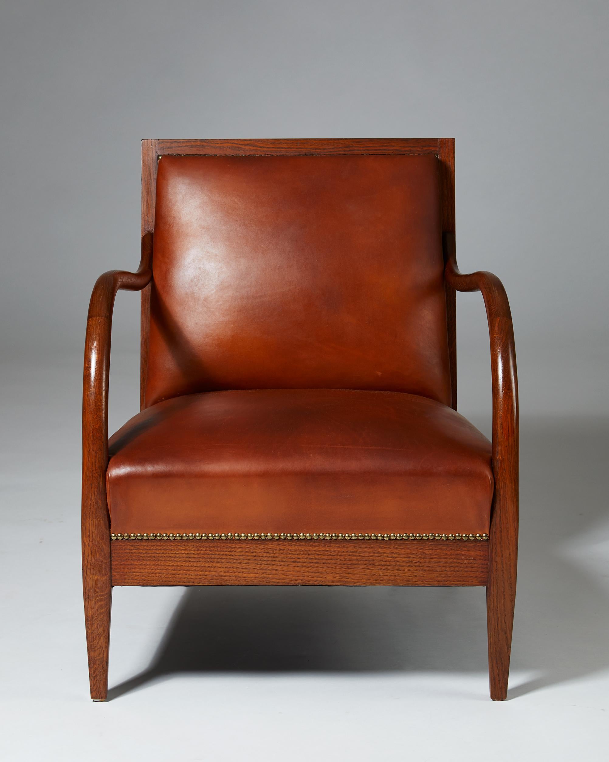 Brass Armchair and Footstool Designed by Bent Helweg-Möller, Denmark, 1930s