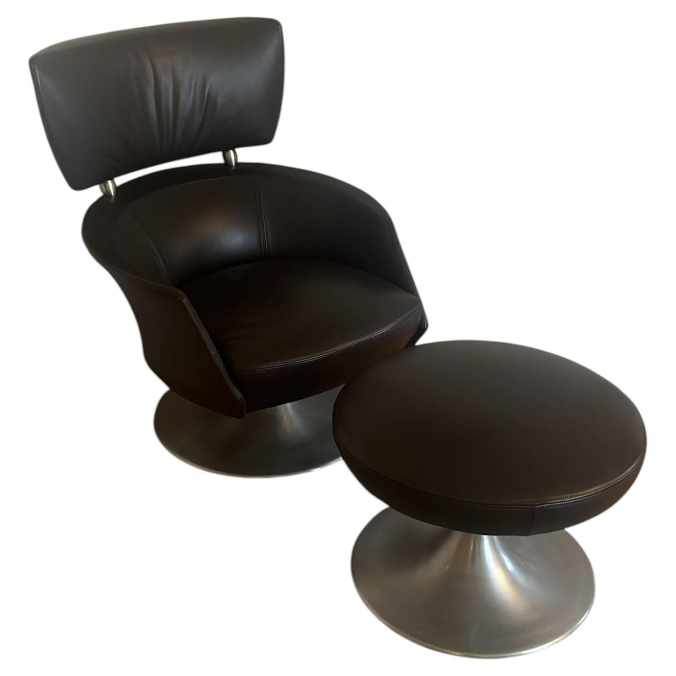 Leon Krier Swivel Armchair & Ottoman in Dark Brown Leather, 1970 For Sale