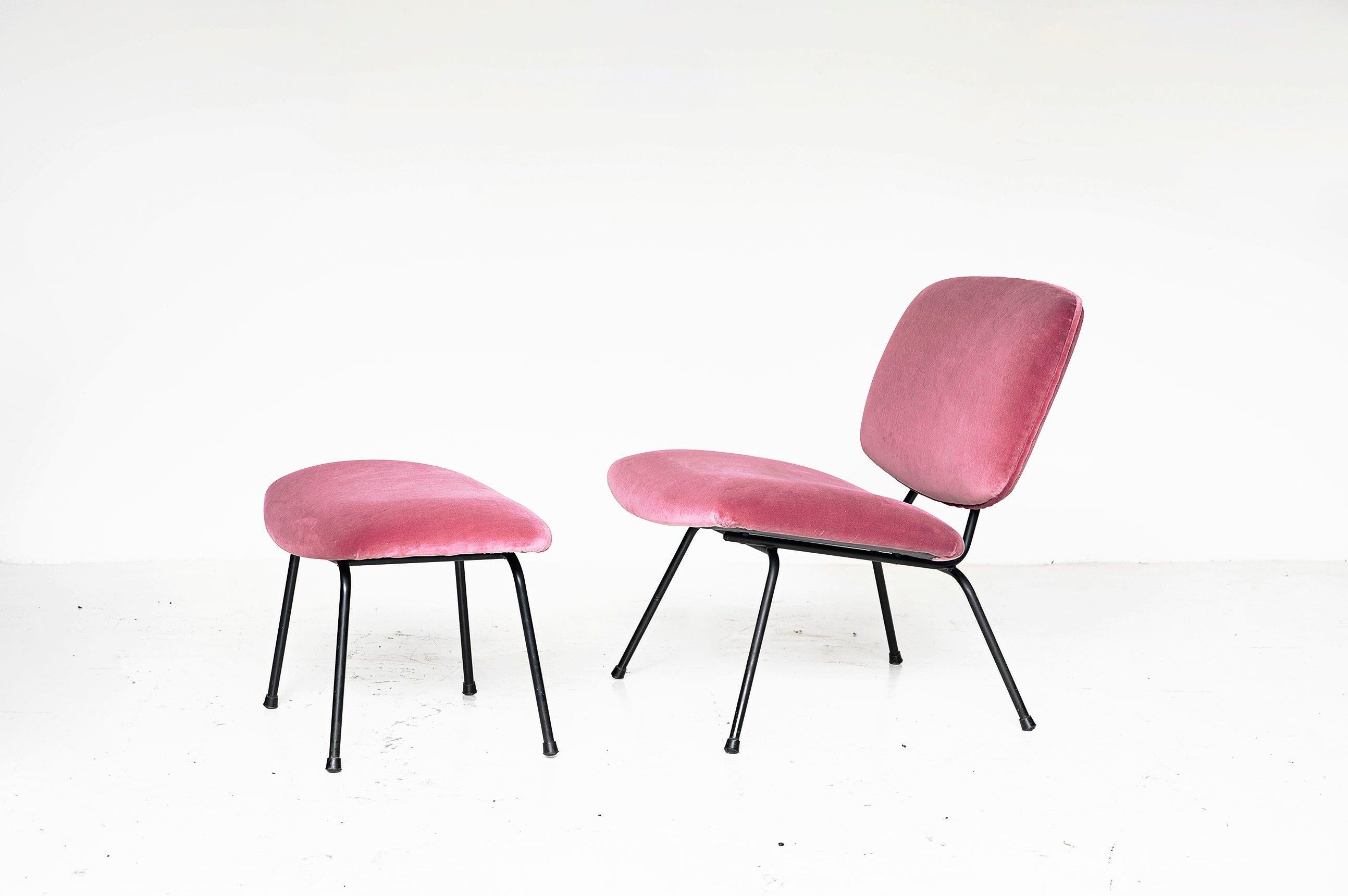 French Mid-century Pink Fabric Armchair and Ottoman 