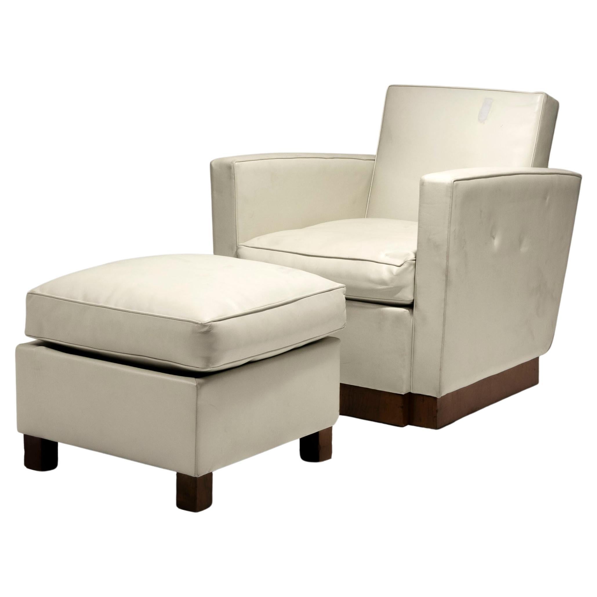 Armchair and Ottoman in White Leather, Jacques Adnet, 1930s For Sale