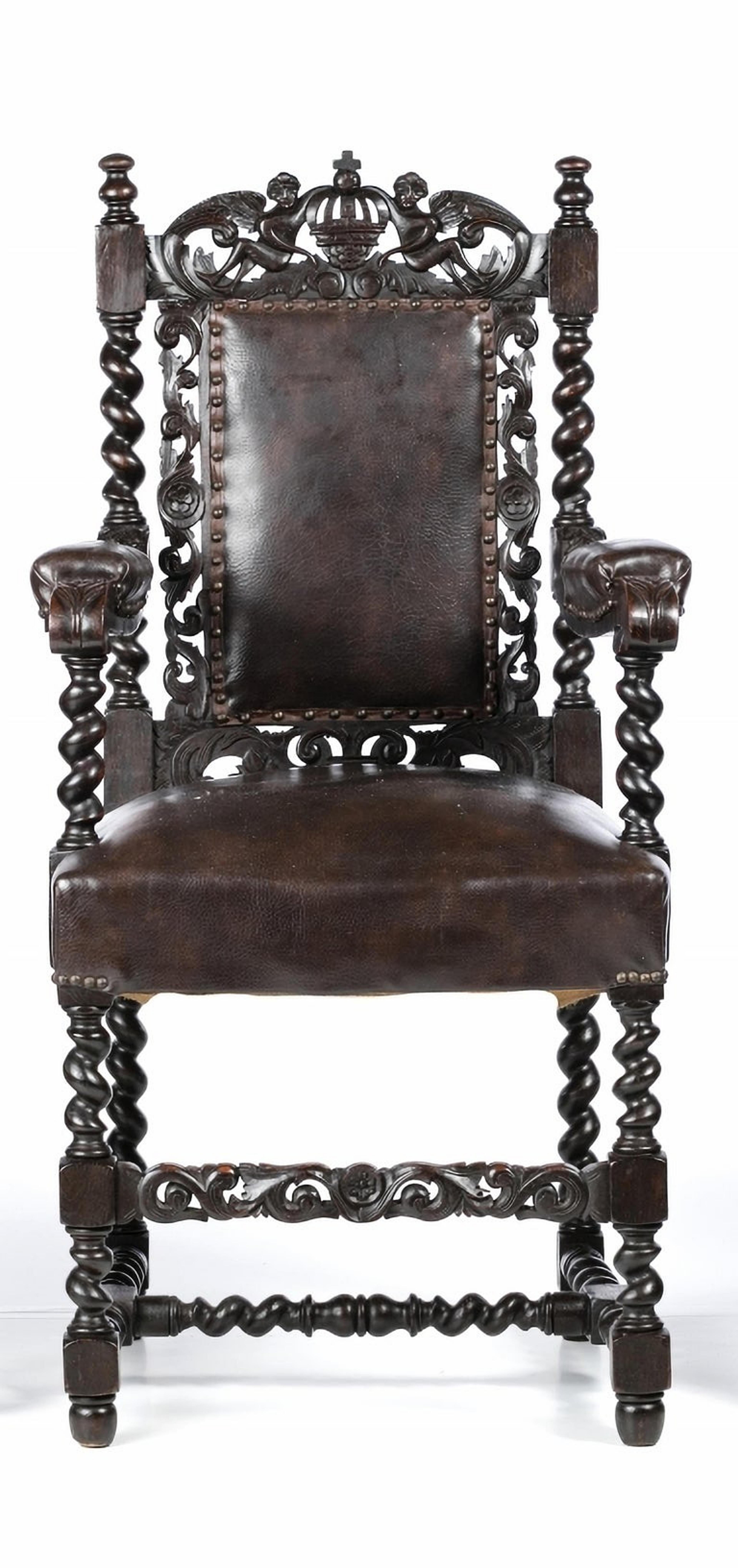 Armchair and pair of Ecclesiastical chairs
19th Century
Portuguese
in carved brown.
Leather seat and back.
Dim.: 111 x 57 x 50 cm.

THE PRICE IS FOR THE SET