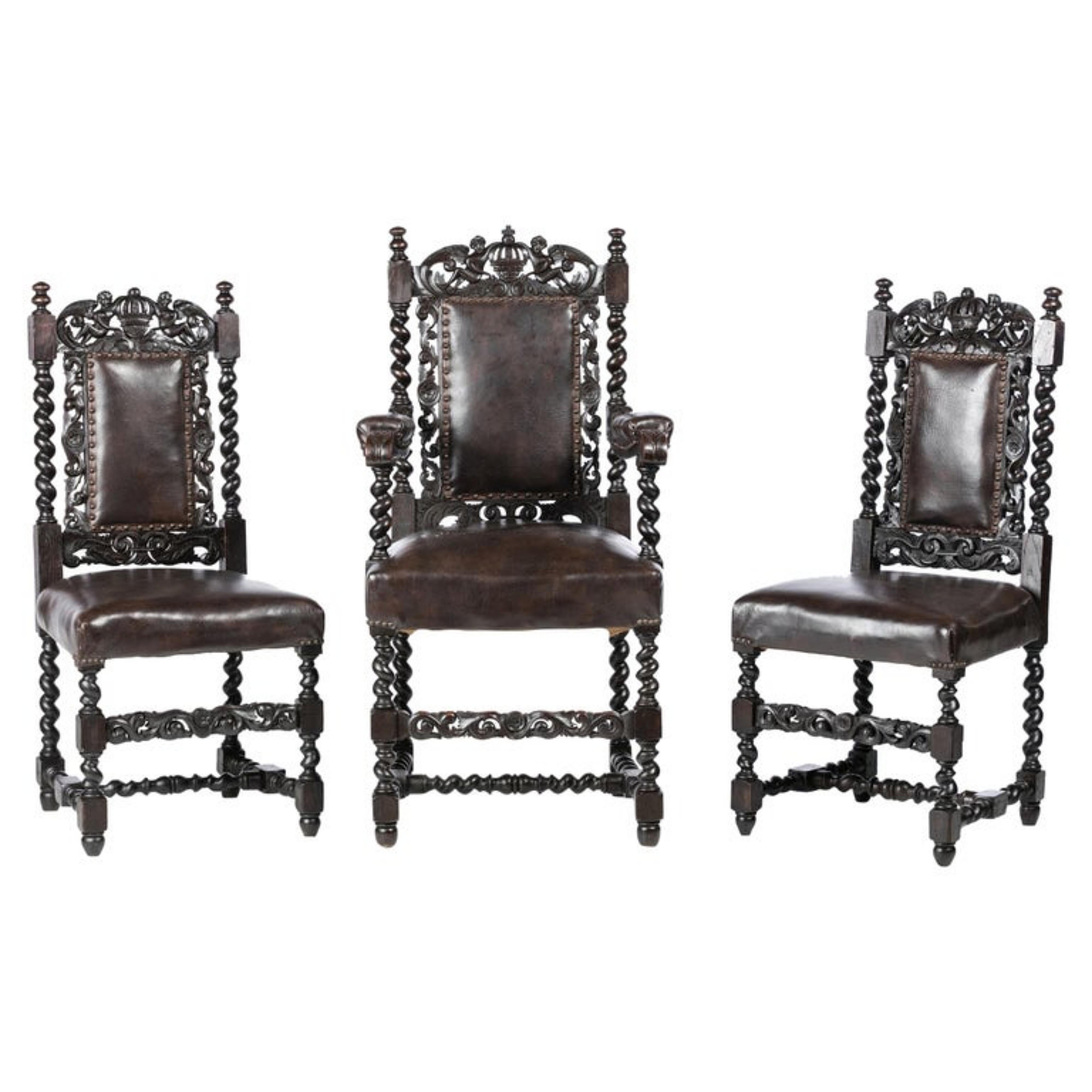 Hand-Crafted Armchair and Pair of Ecclesiastical Chairs 19th Century For Sale