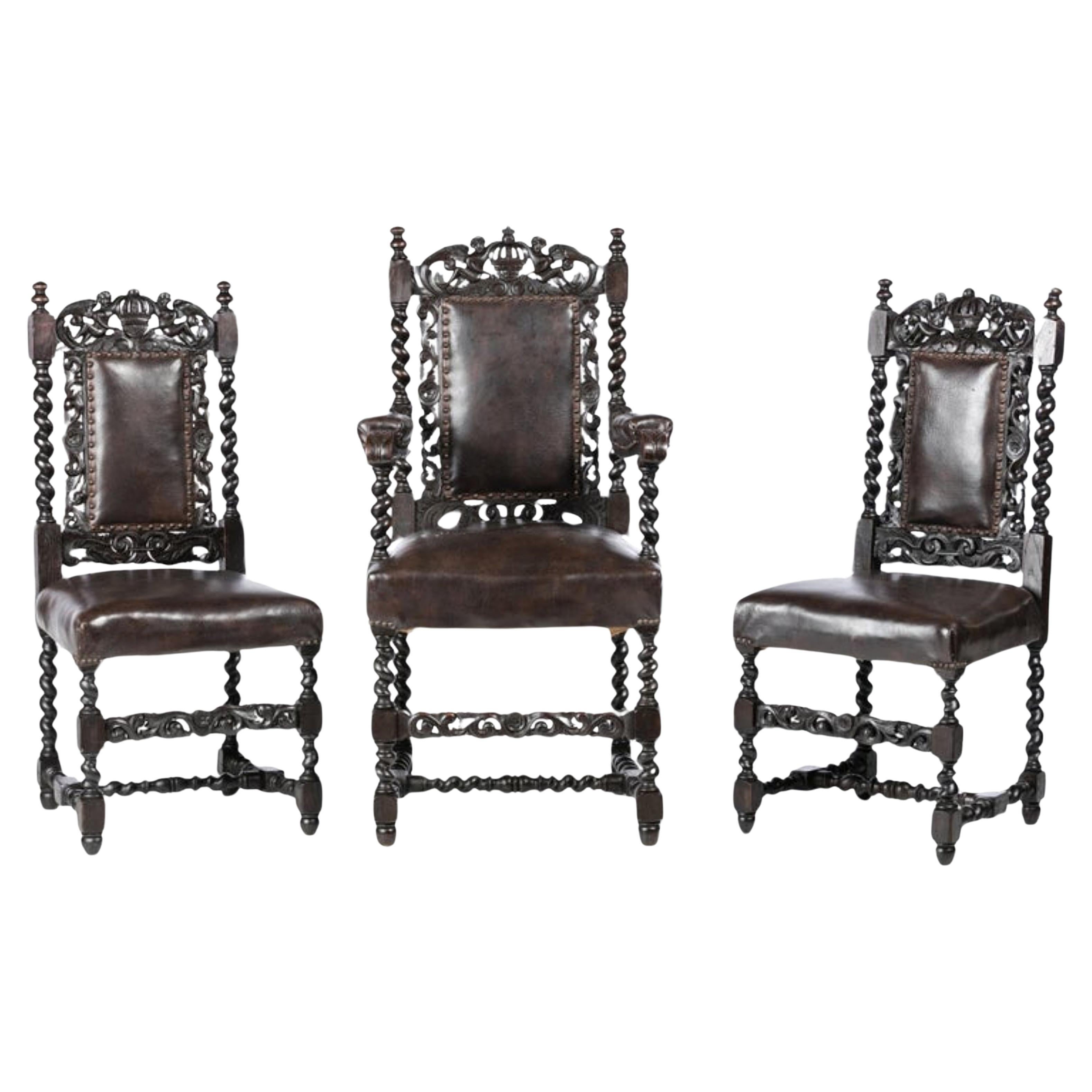 Armchair and Pair of Ecclesiastical Chairs 19th Century