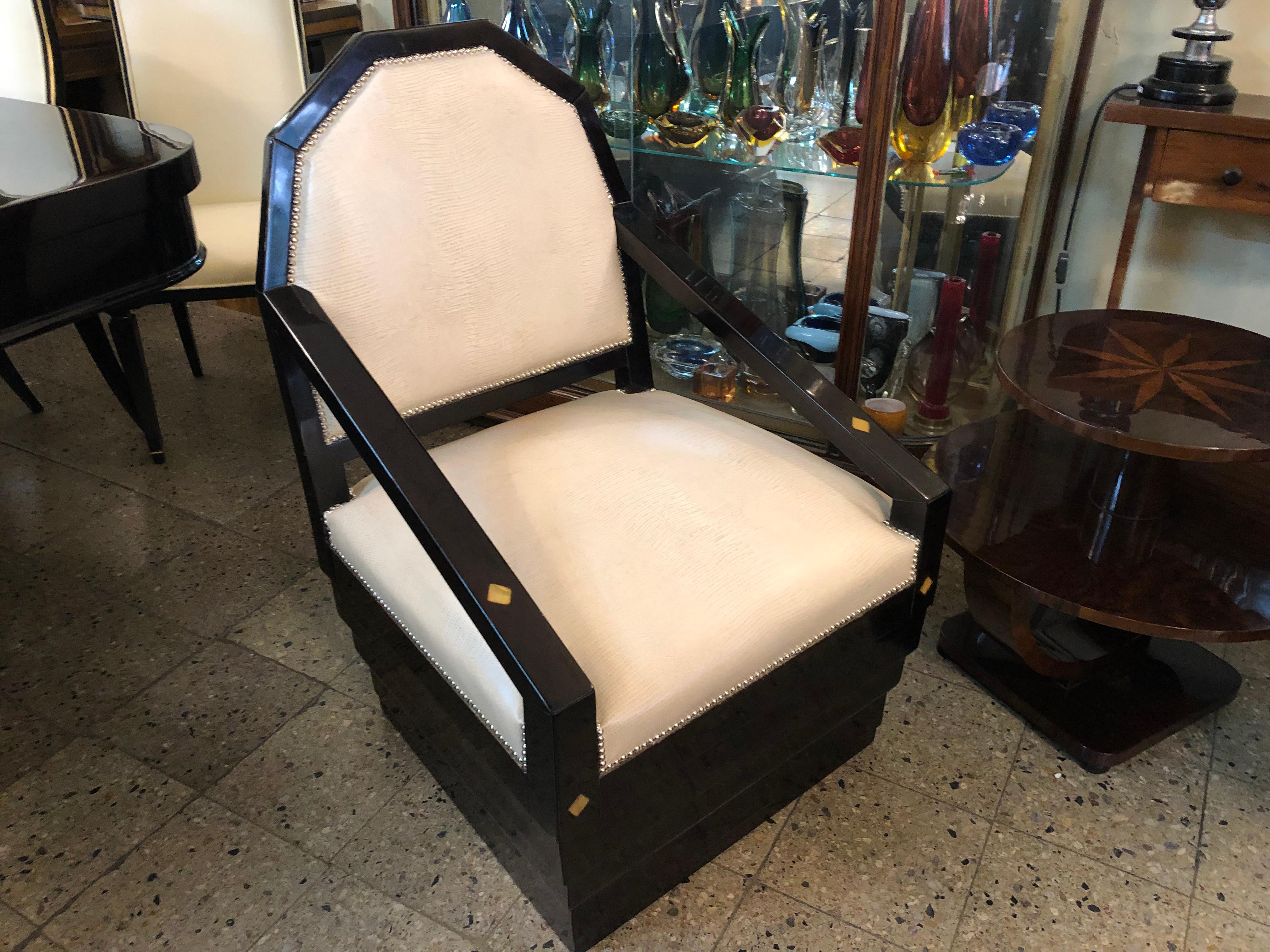 Mid-20th Century Armchair and stool in leather and wood in Art Deco style, 1930 For Sale