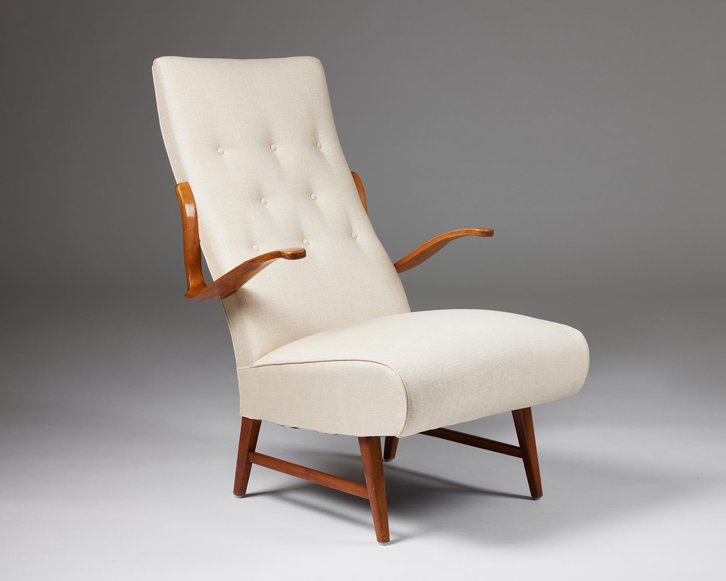 Armchair, anonymous,
Sweden, 1940s.

Fabric and birch.

Measurements:
H: 100 cm / 3’ 3 1/2’’
W: 66 cm / 2’ 2’’
D: 92 cm / 3’ 1/4’’
SH: 47 cm / 18 1/2’’
AH: 59 cm / 23 1/4’’