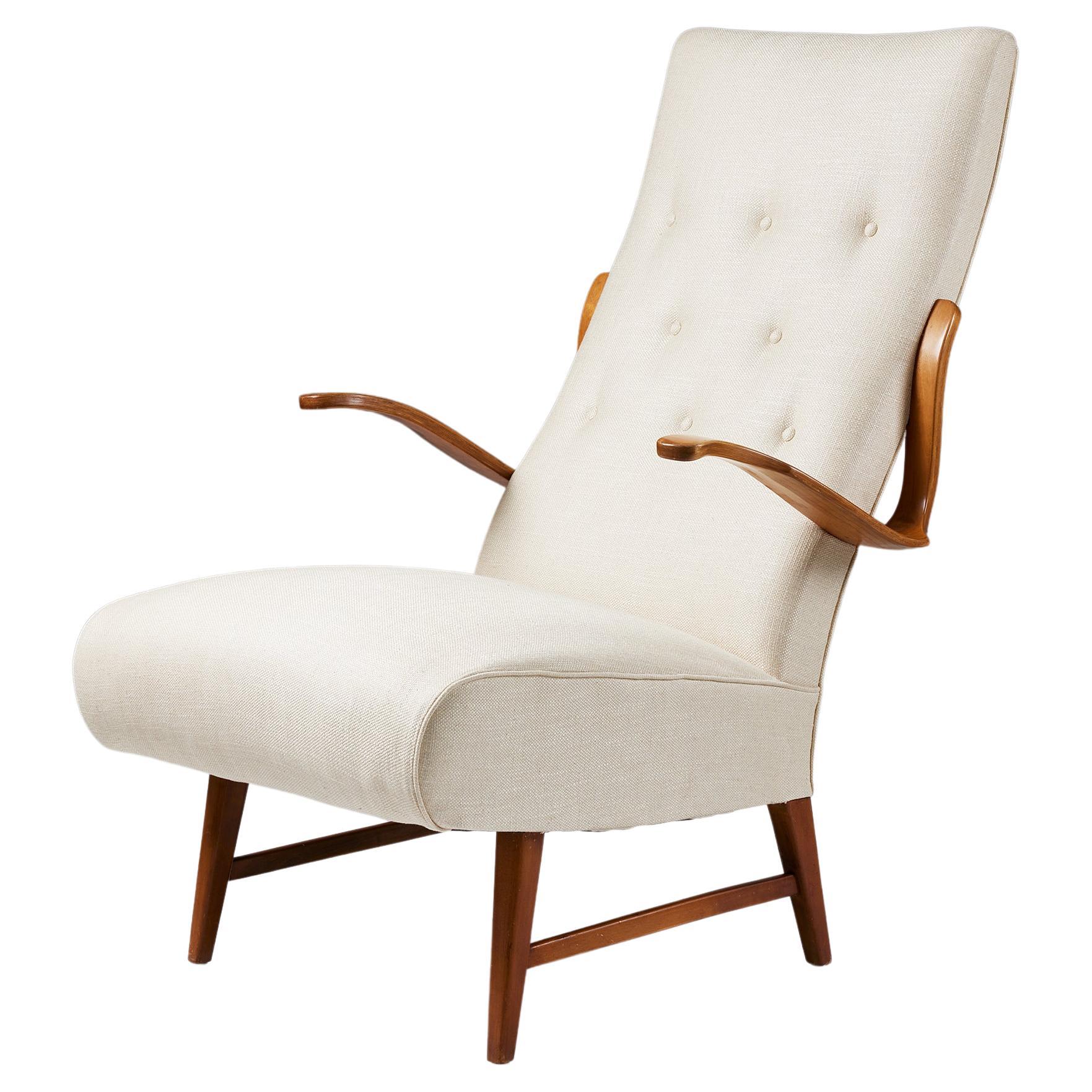 1940s Swedish Modern Armchair – Sculptural Wooden Arms and Upholstered Seat