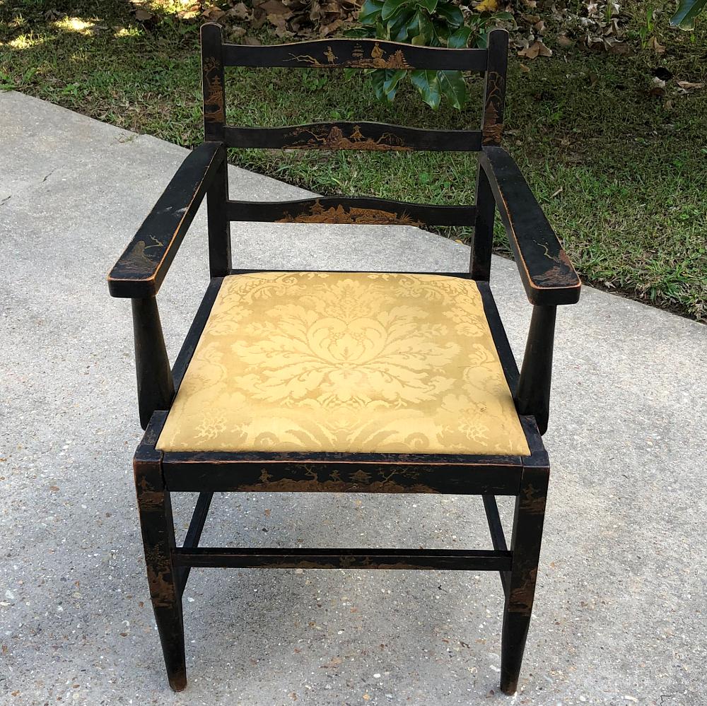 French Armchair, Antique Chinoiserie Style with Silk Upholstery For Sale