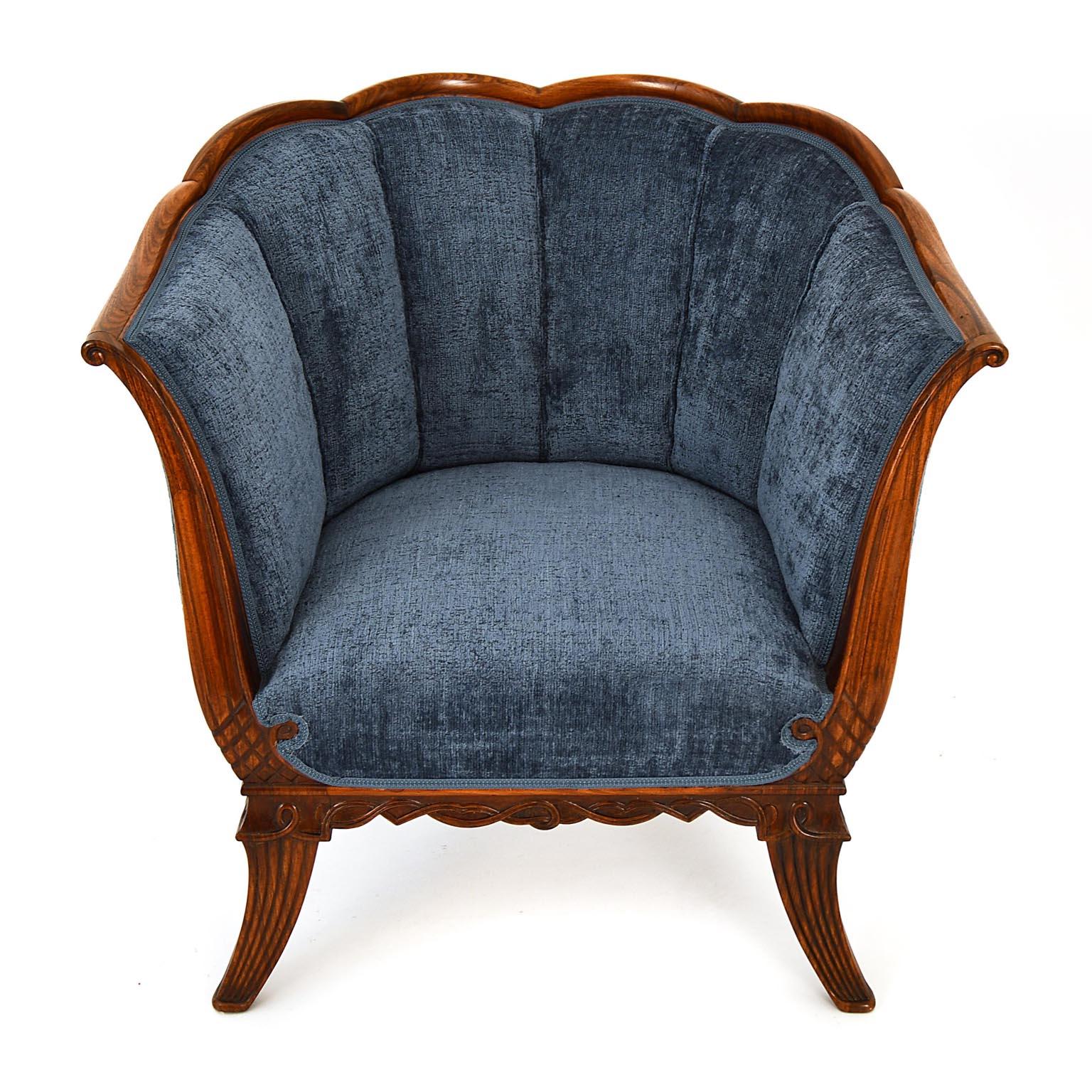 Art Nouveau Armchair Art Deco Dagobert Peche Style Rosewood Blue Velvet Austria, 1930´s