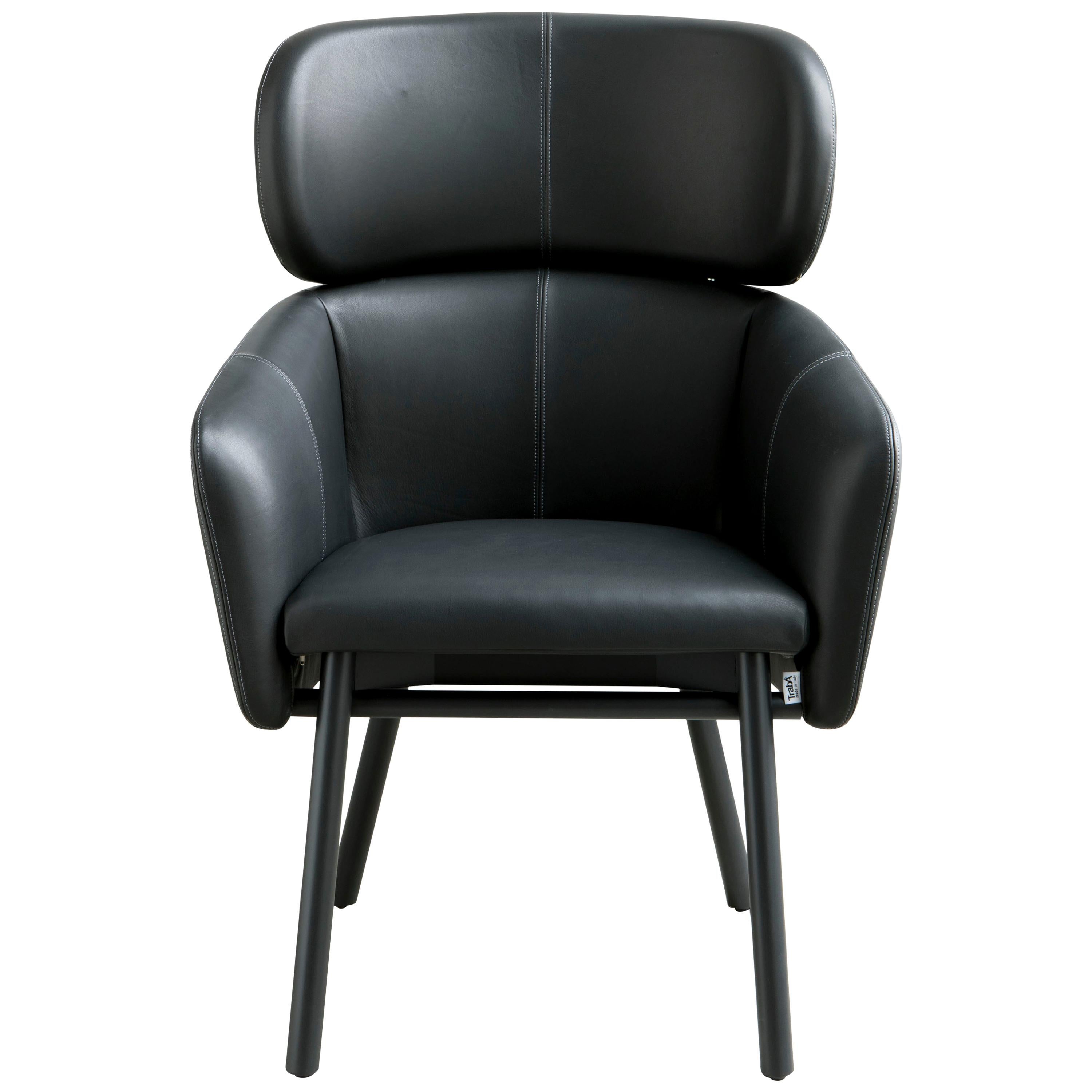 Armchair Balu' Lounge Wood Frame and Balck Sof Leather by Emilio Nanni For Sale