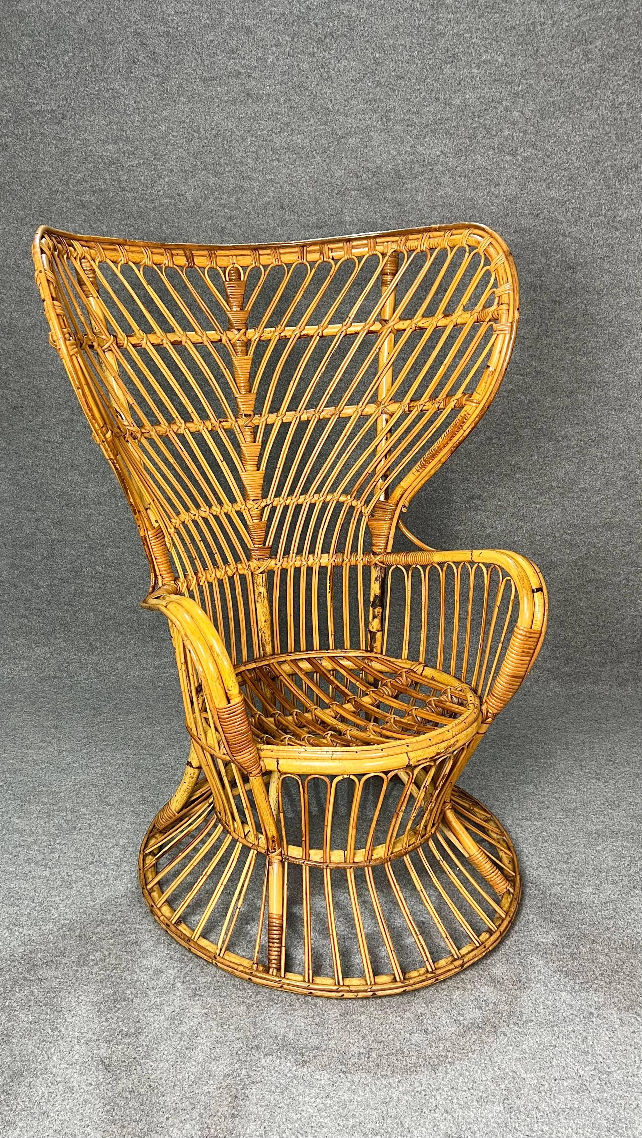 Mid-Century Modern Armchair Bamboo Rattan In the Style of Gio Ponti Lio Carminati Midcentury 1950s For Sale