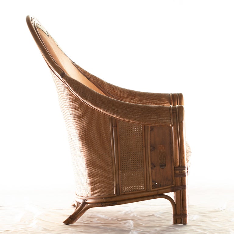 Chinese Export Armchair Bamboo Rattan Wood Handmade Ramon Castellano Leather Kalma Furniture For Sale