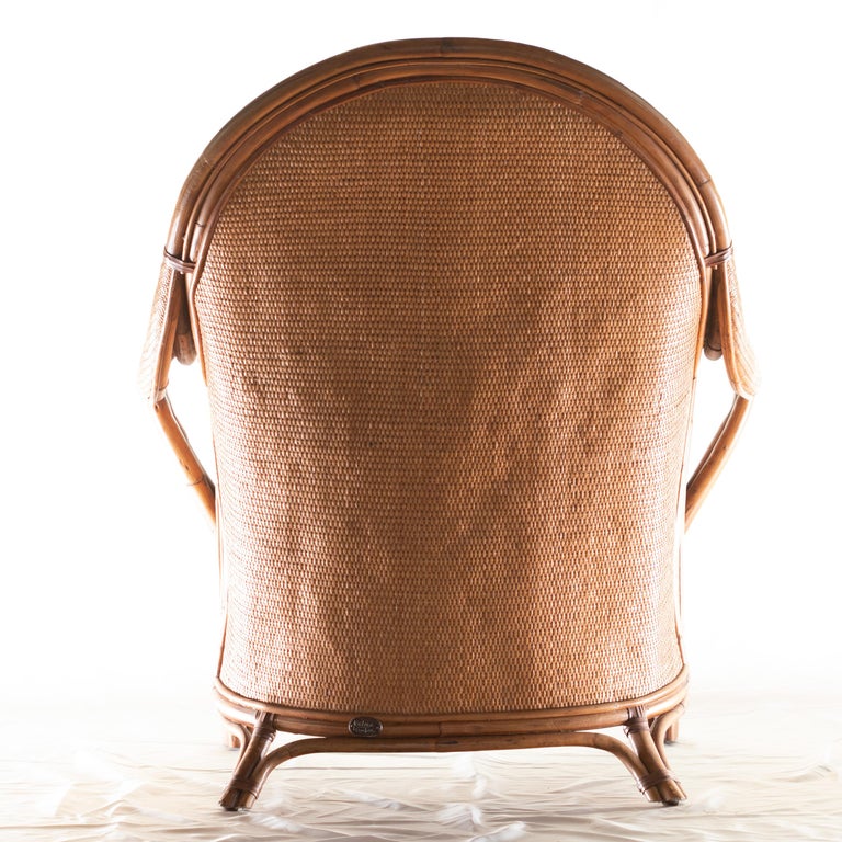 Hand-Carved Armchair Bamboo Rattan Wood Handmade Ramon Castellano Leather Kalma Furniture For Sale