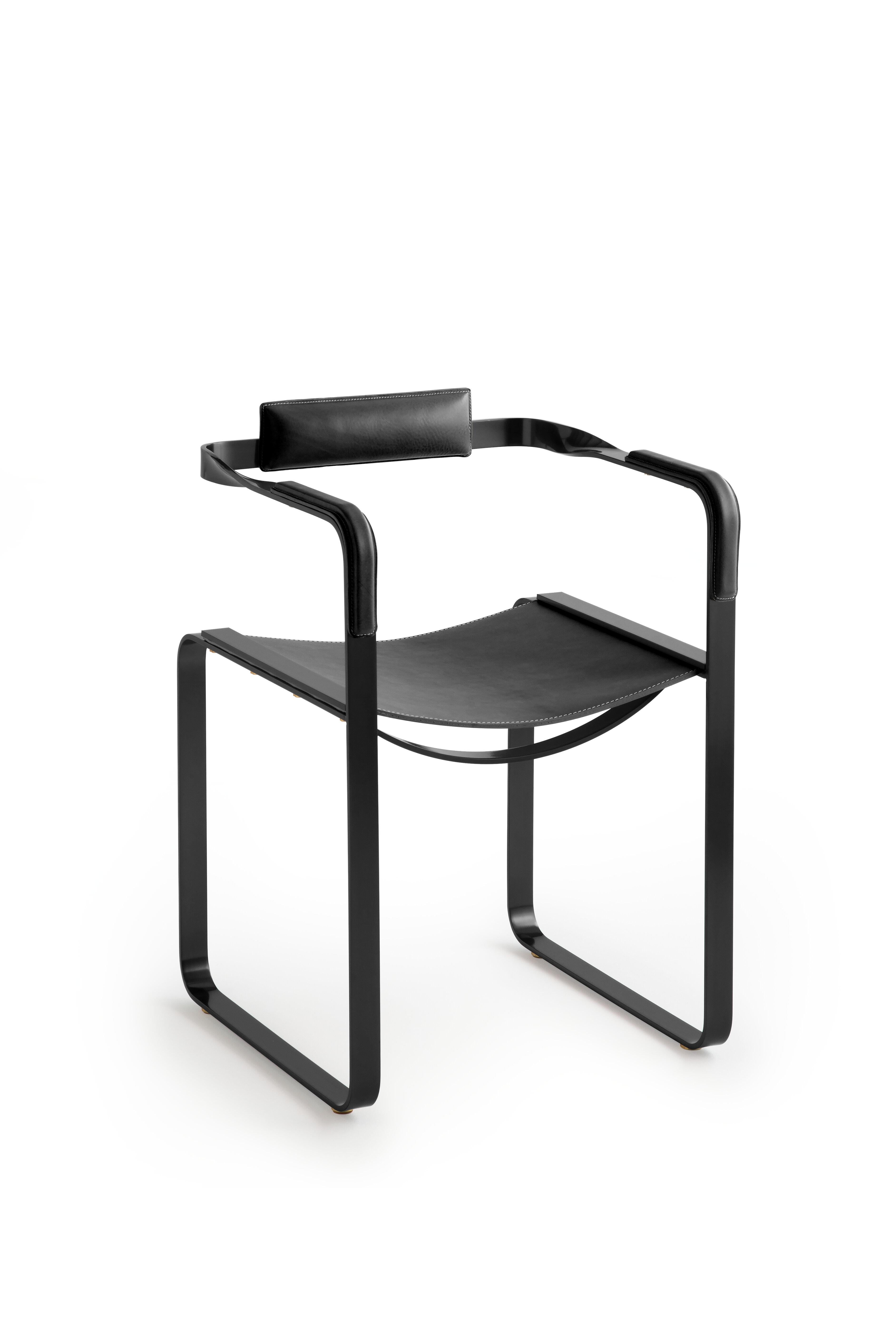 Minimalist Armchair, Black Smoke Steel and Black Leather, Contemporary Style For Sale