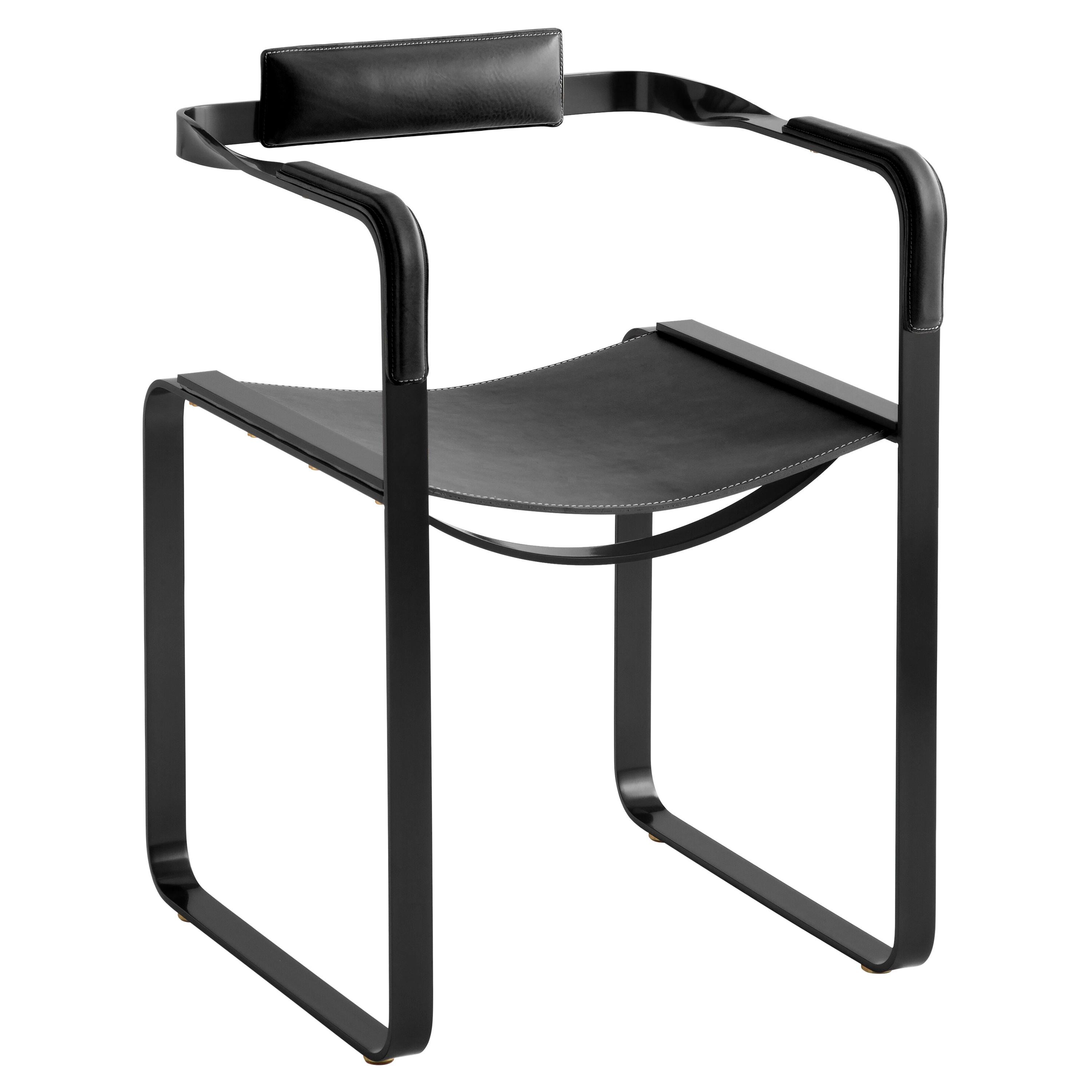 Armchair, Black Smoke Steel and Black Leather, Contemporary Style