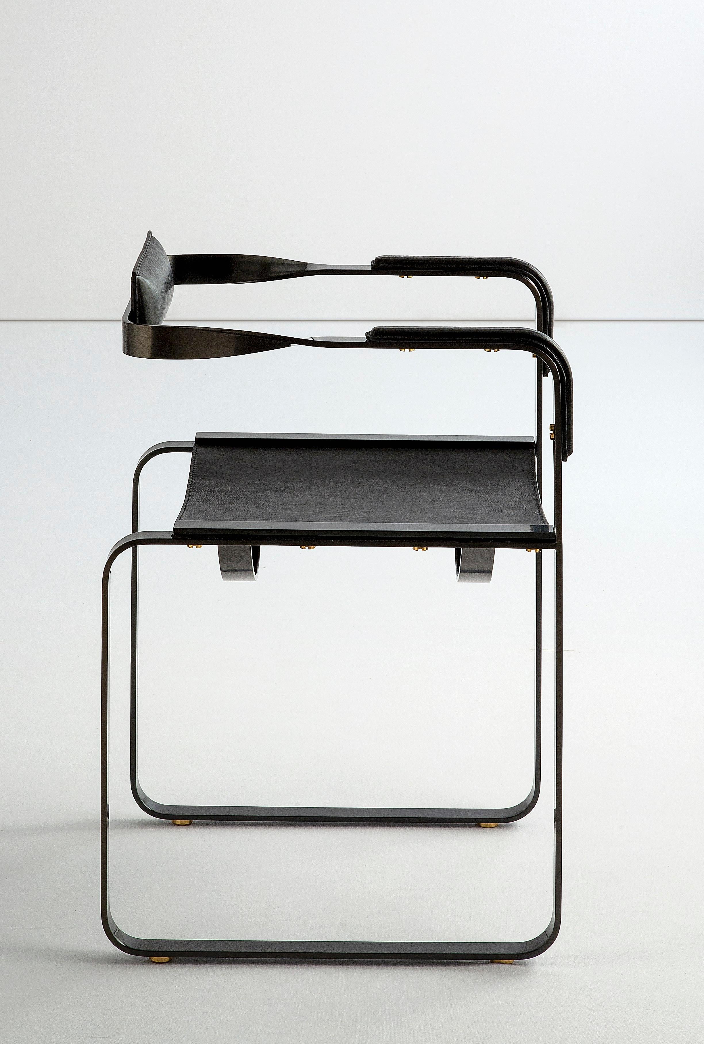 Plated Armchair, Black Smoke Steel and Black Leather, Contemporary Style For Sale