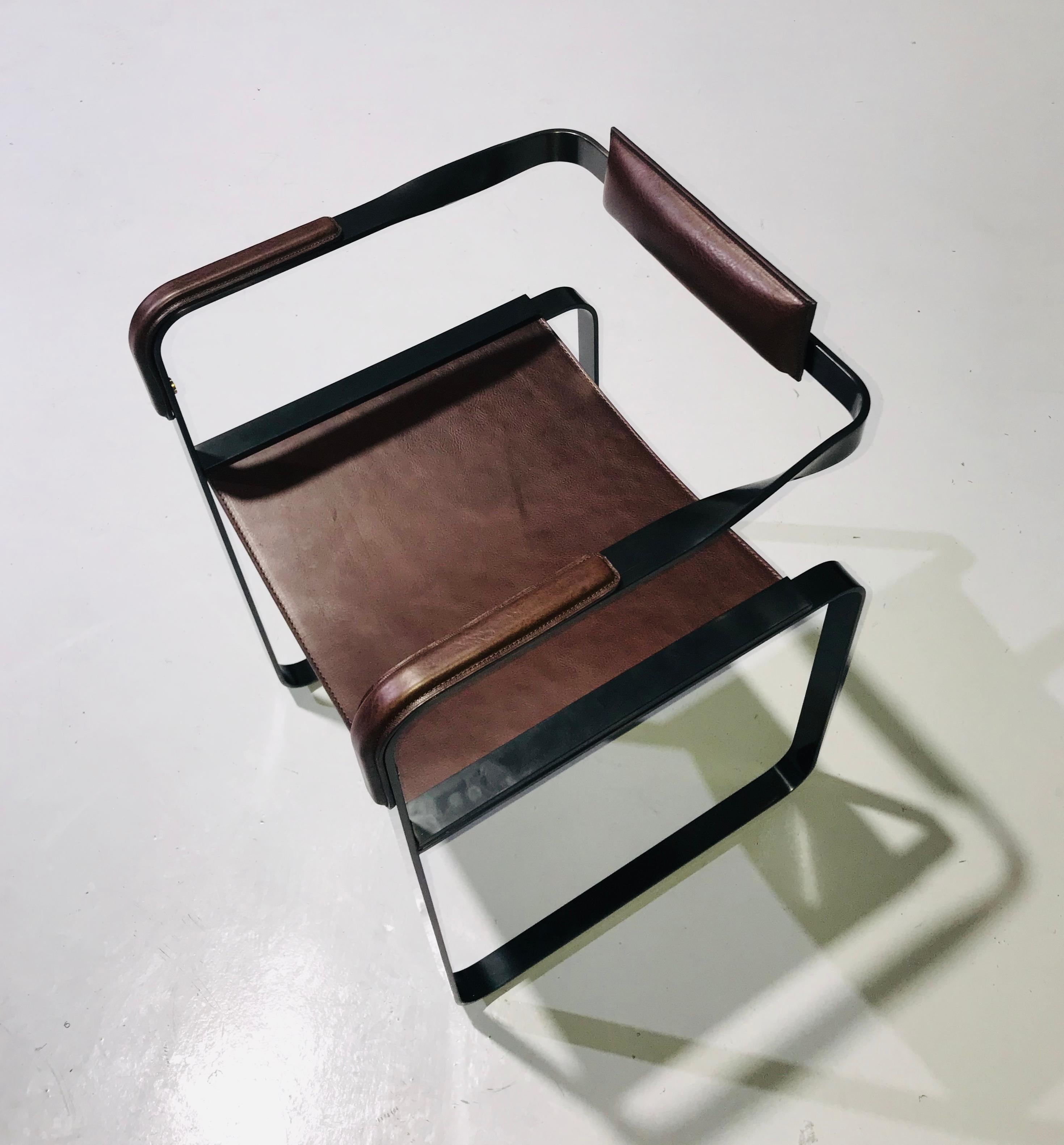 Polished Armchair, Black Smoke Steel and Dark Brown Saddle Leather, Contemporary Design For Sale