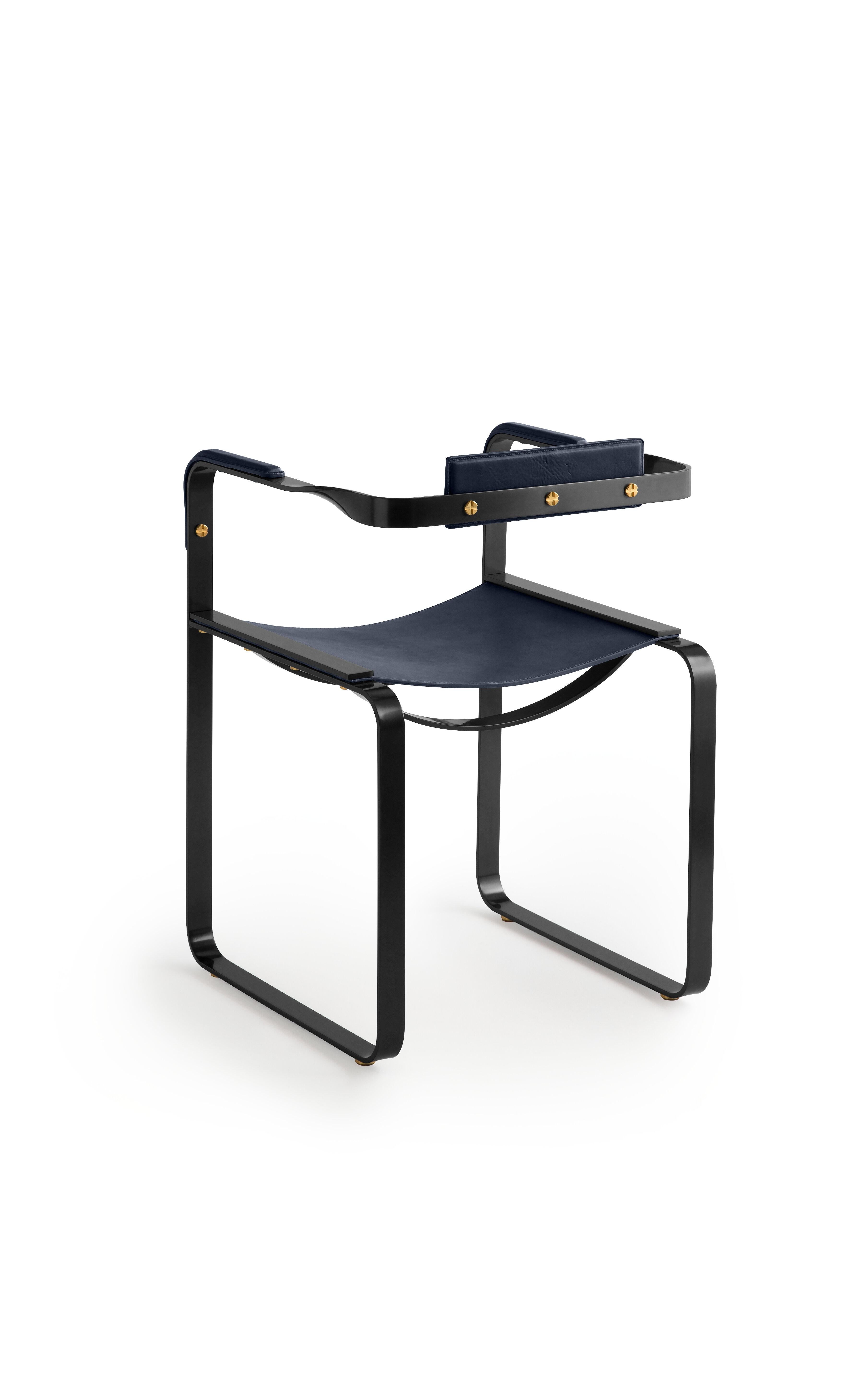 Minimalist Armchair, Black Smoke Steel & Blue Navy Saddle Leather, Contemporary Style For Sale