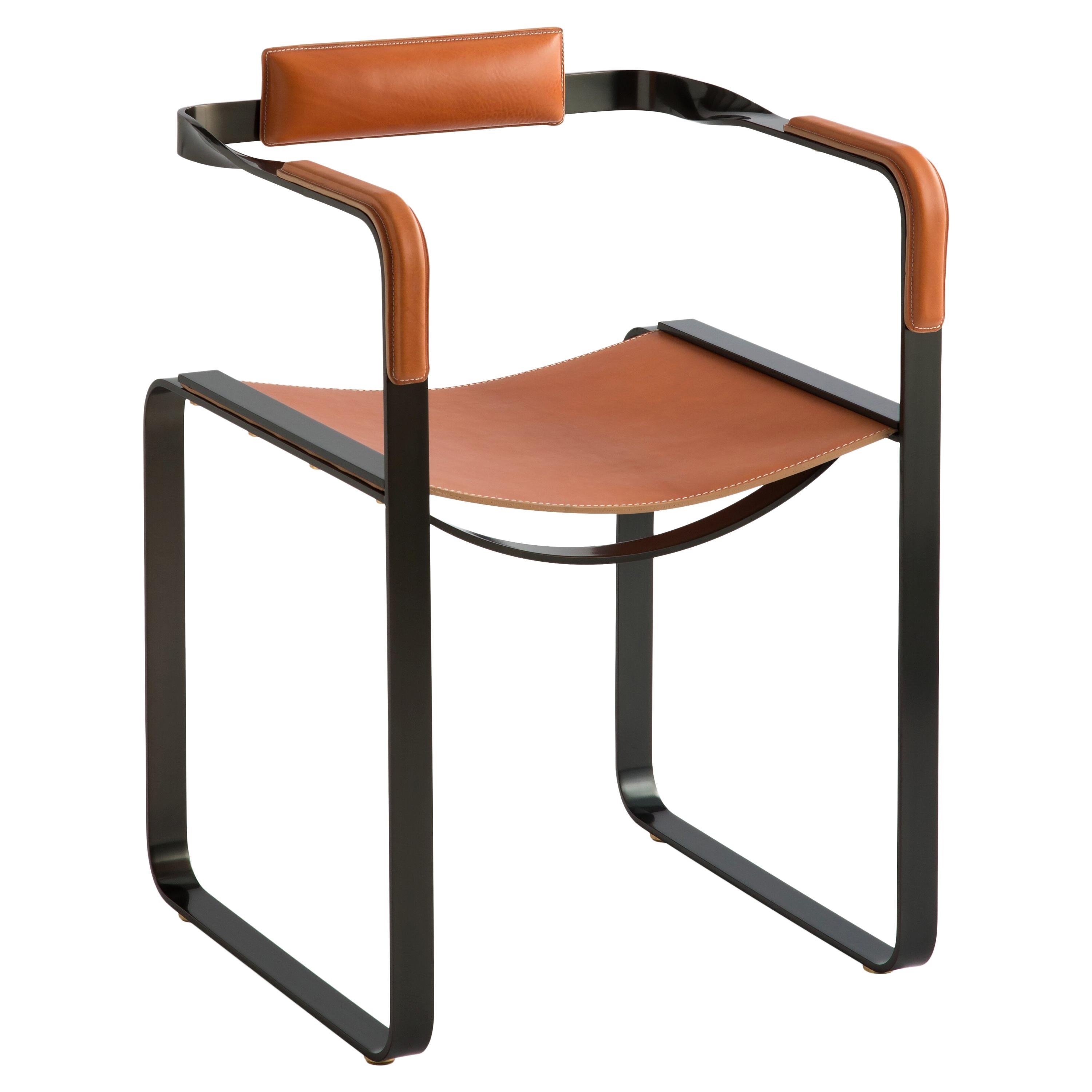 Armchair, Black Smoke Steel & Natural Tobacco Saddle Leather Contemporary Design