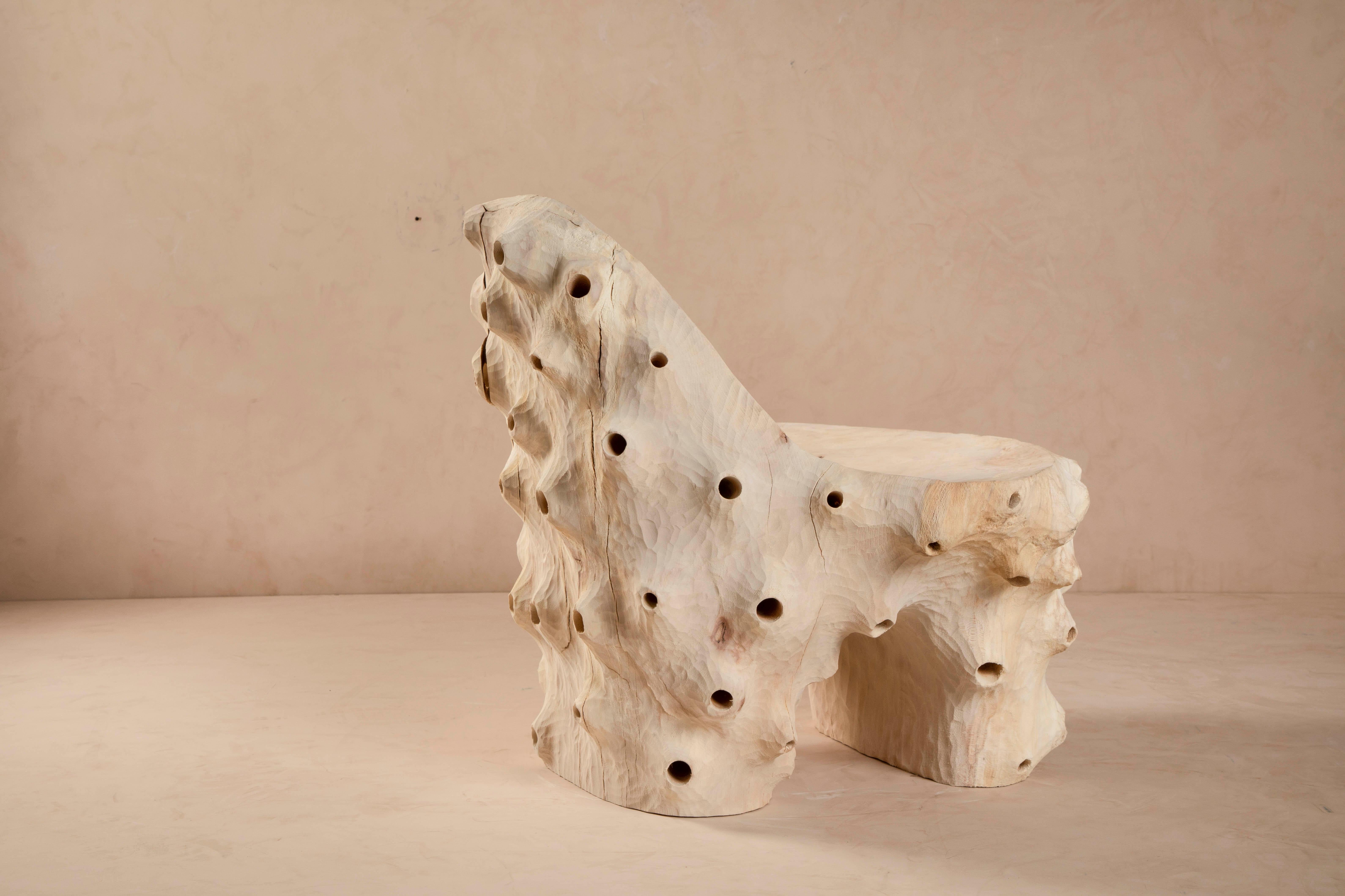 Armchair 001 by Atelier Carlès Demarquet
Limited Edition of 5
Dimensions: W 75 x D 70 x H 60 cm
Materials: Green wood carving. Solid plane tree.
                 Finish: bleached and oiled.

It's like a vestige in the creeks. Like an unsurprising