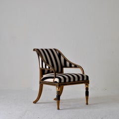 Armchair by ES and Stool Neoclassical 18th Century Sweden Gilded and Green