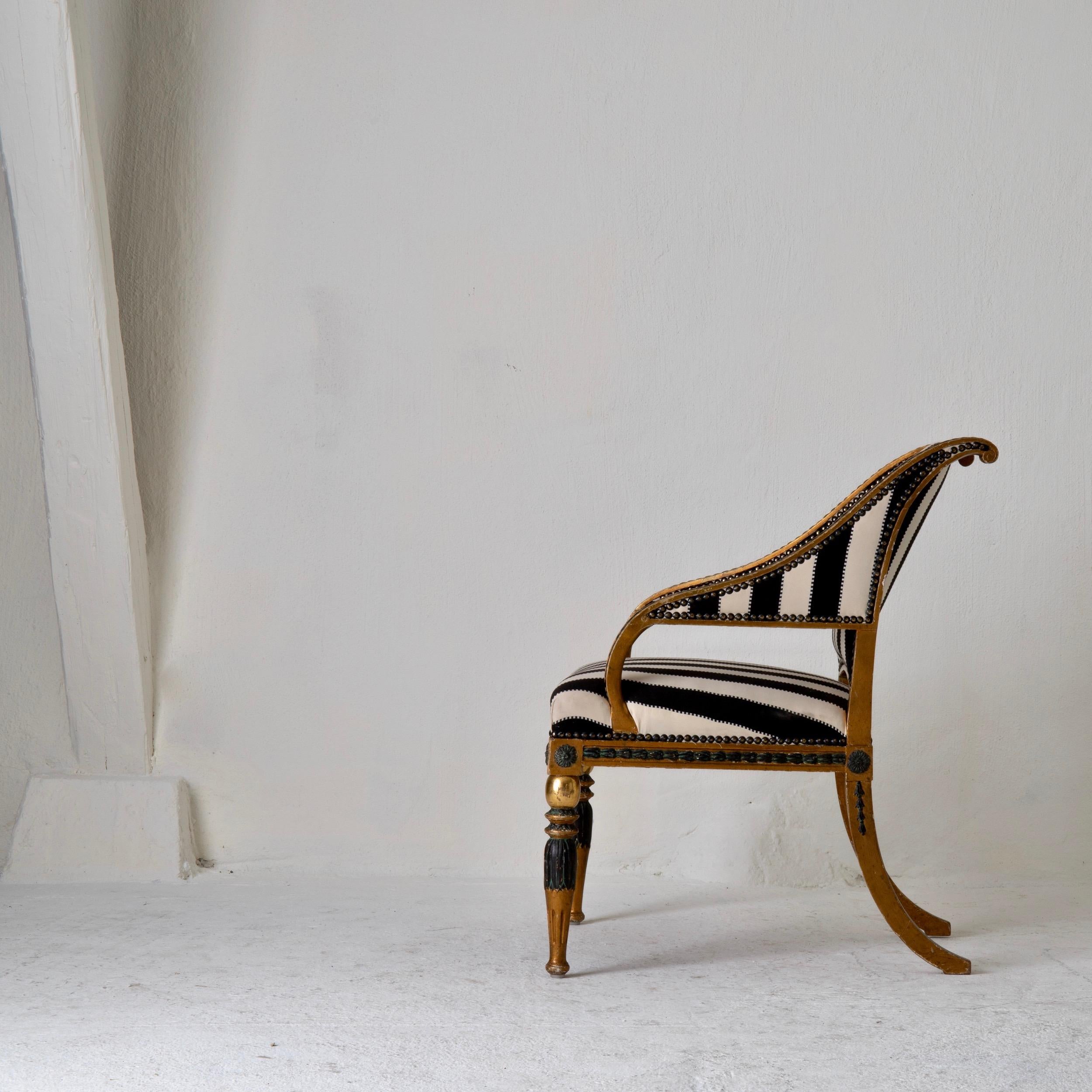 Giltwood Armchair by ES and Stool Neoclassical 18th Century Sweden Gilded and Green For Sale