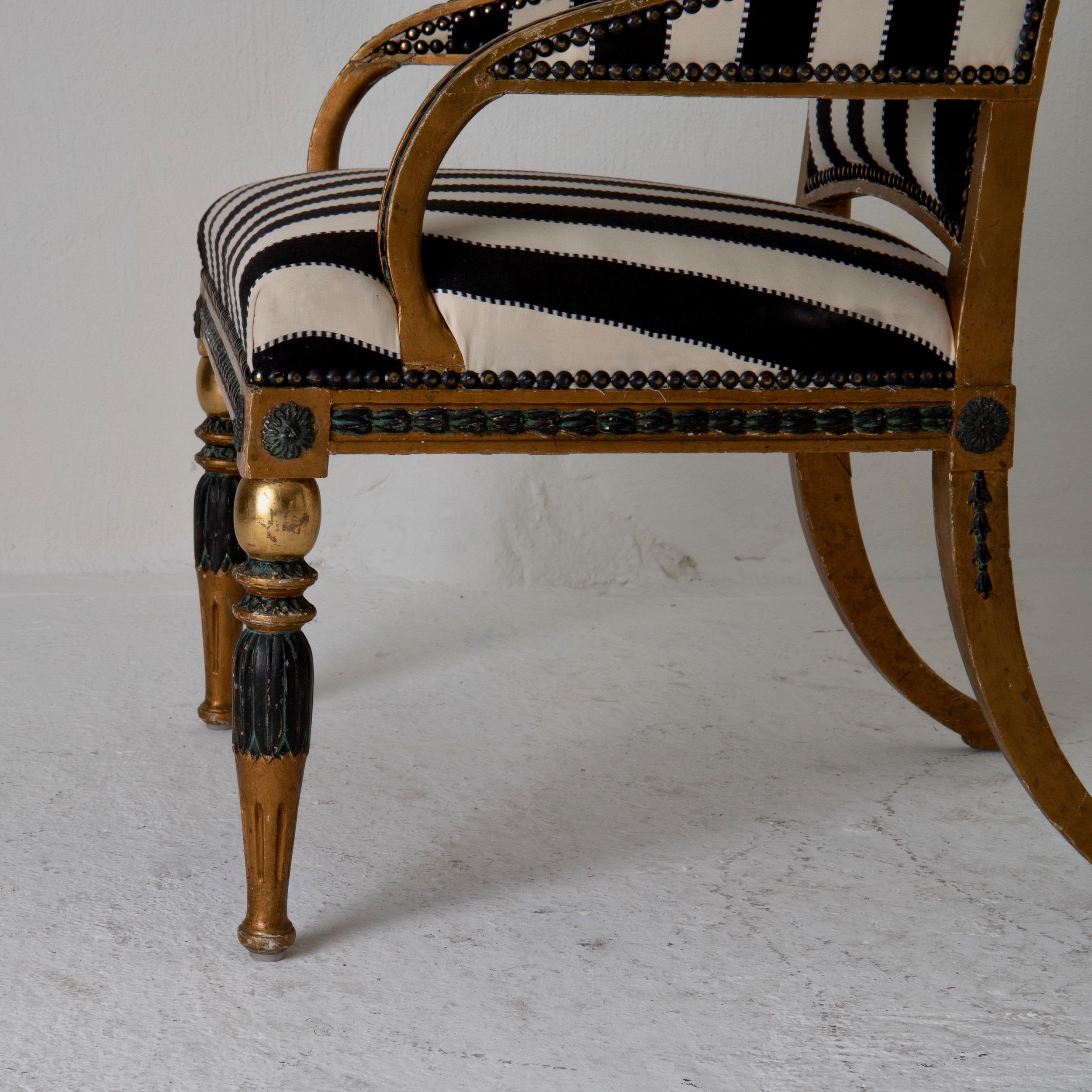 Armchair by ES and Stool Neoclassical 18th Century Sweden Gilded and Green For Sale 1