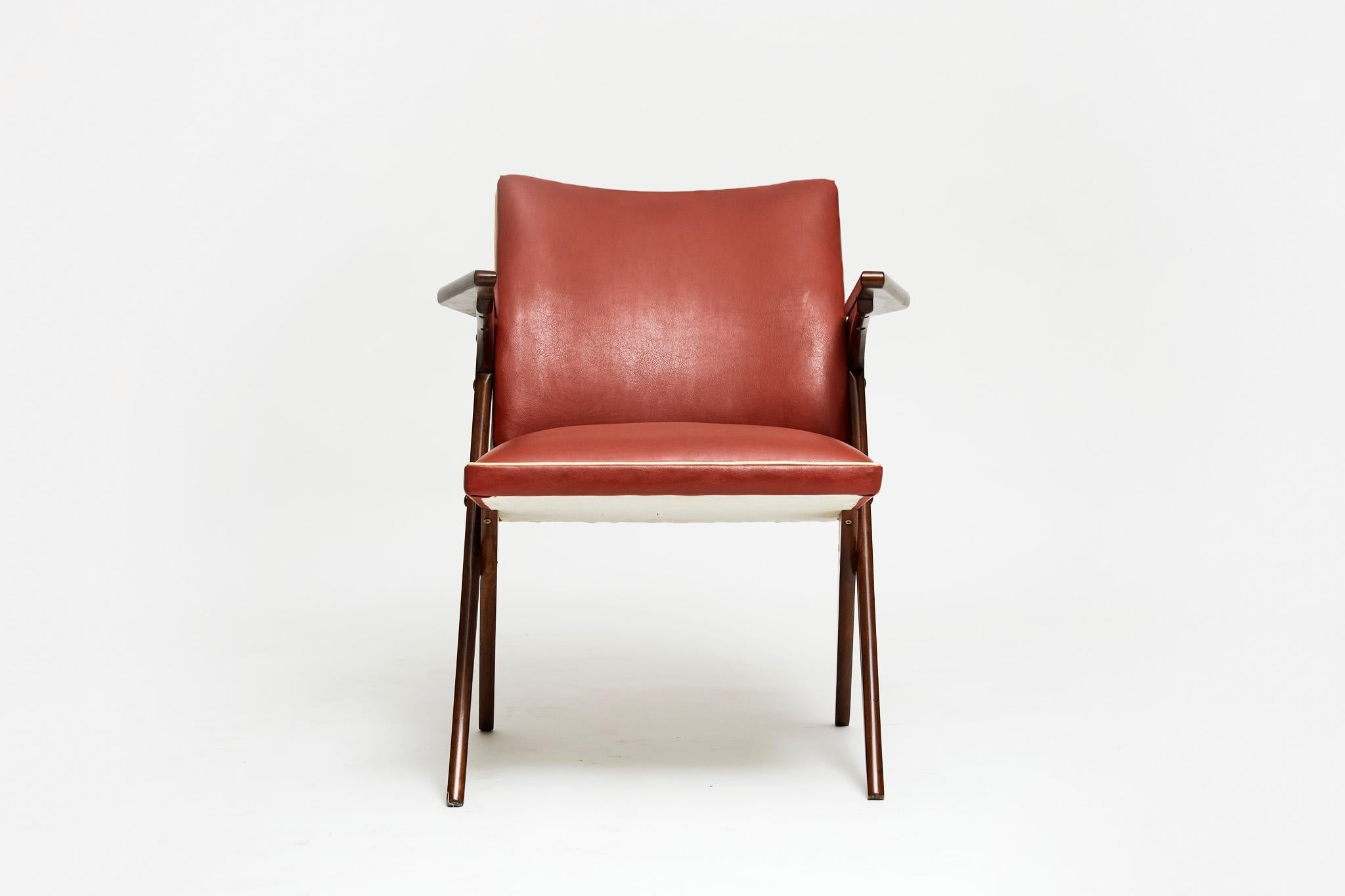Brazilian Midcentury Armchair in Wood & Red Faux Leather by Jose Zanine Caldas, 1950s