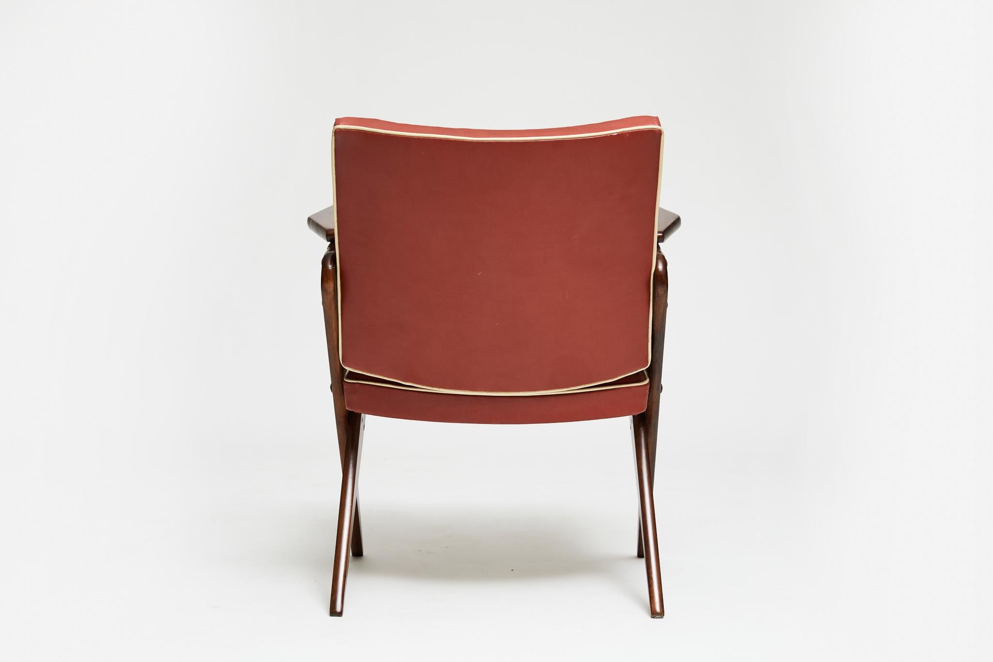 Midcentury Armchair in Wood & Red Faux Leather by Jose Zanine Caldas, 1950s In Good Condition In New York, NY