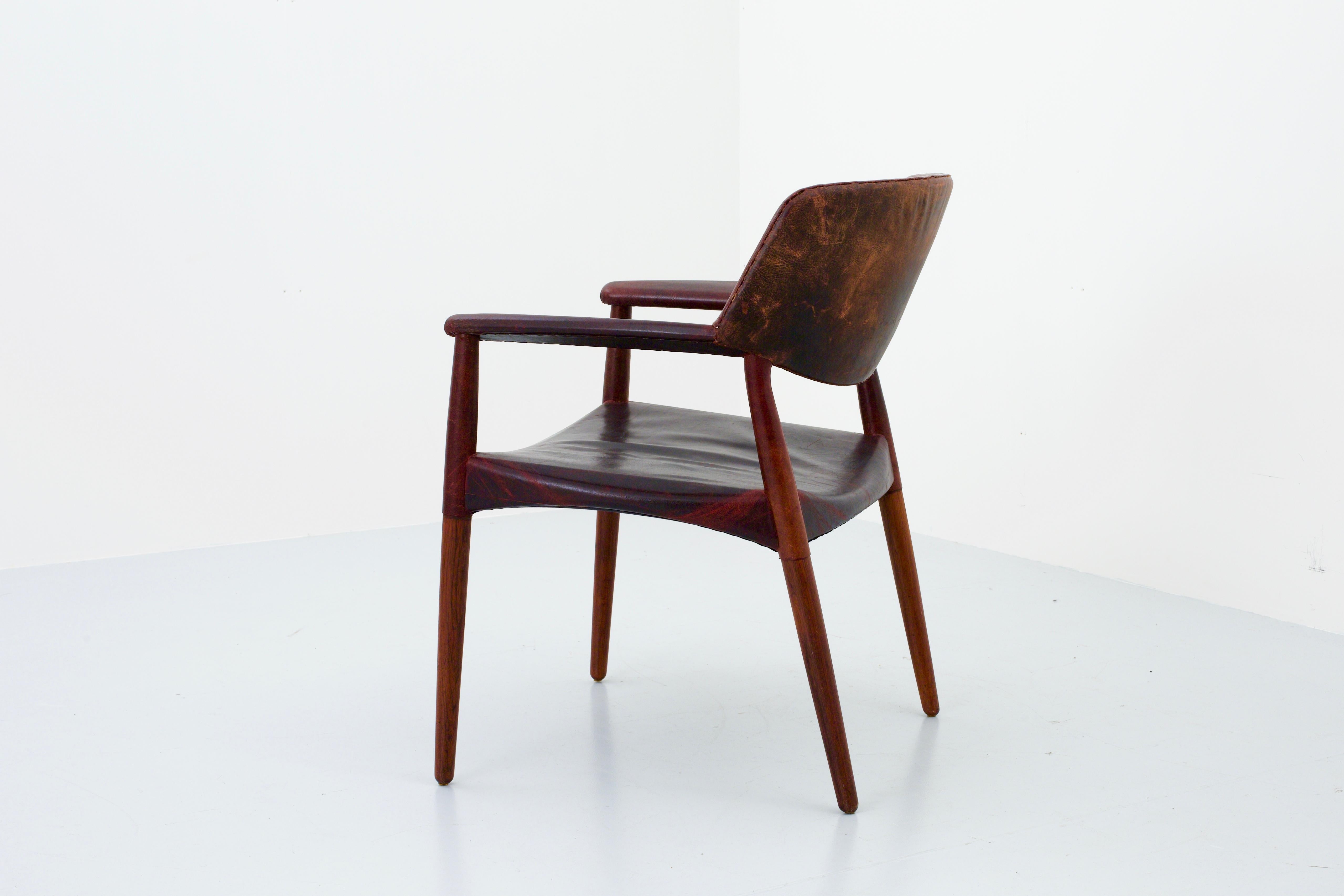 Mid-Century Modern Armchair by Larsen and Madsen in Leather and Wood by W. Beck, Denmark, 1950 For Sale