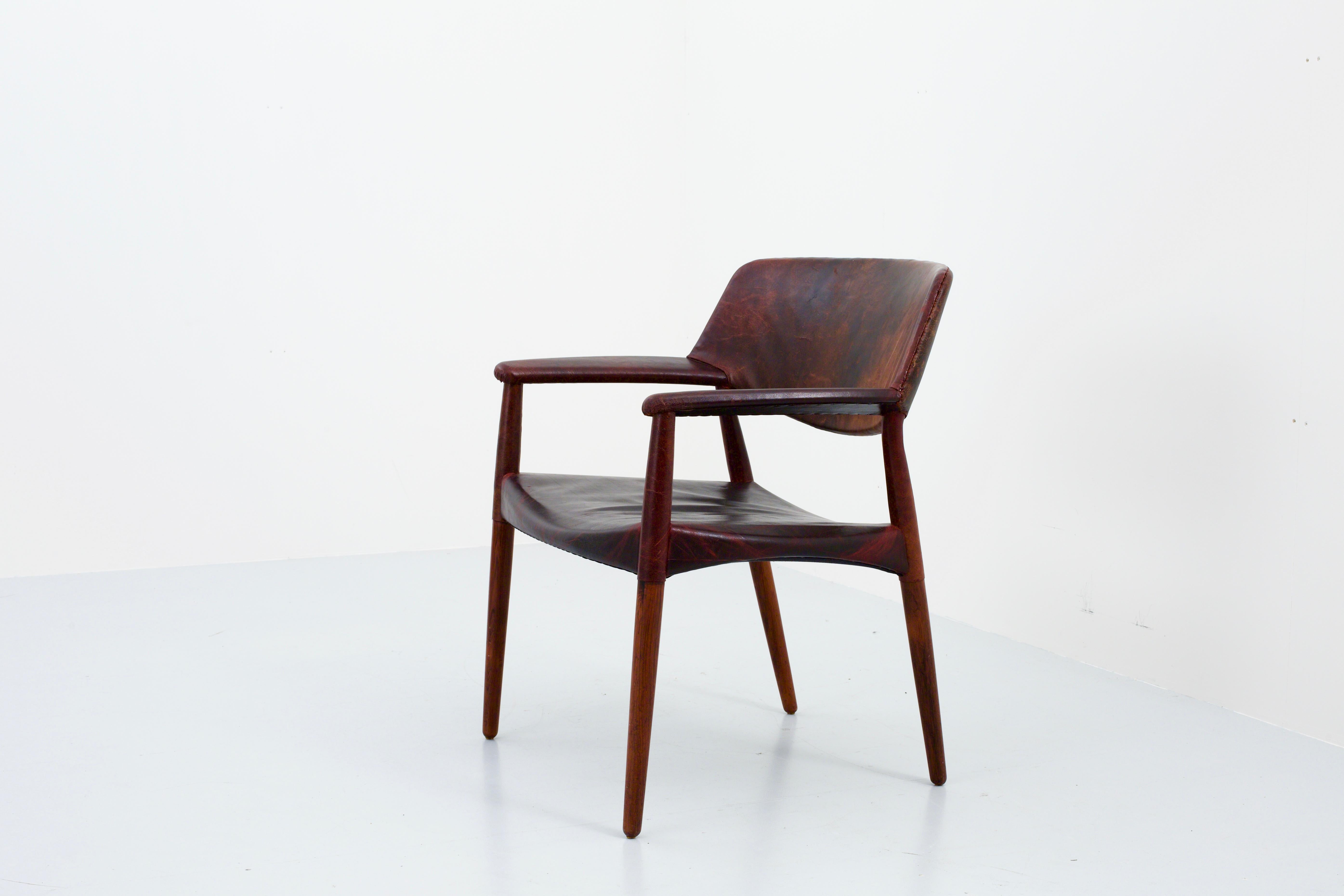 Danish Armchair by Larsen and Madsen in Leather and Wood by W. Beck, Denmark, 1950 For Sale