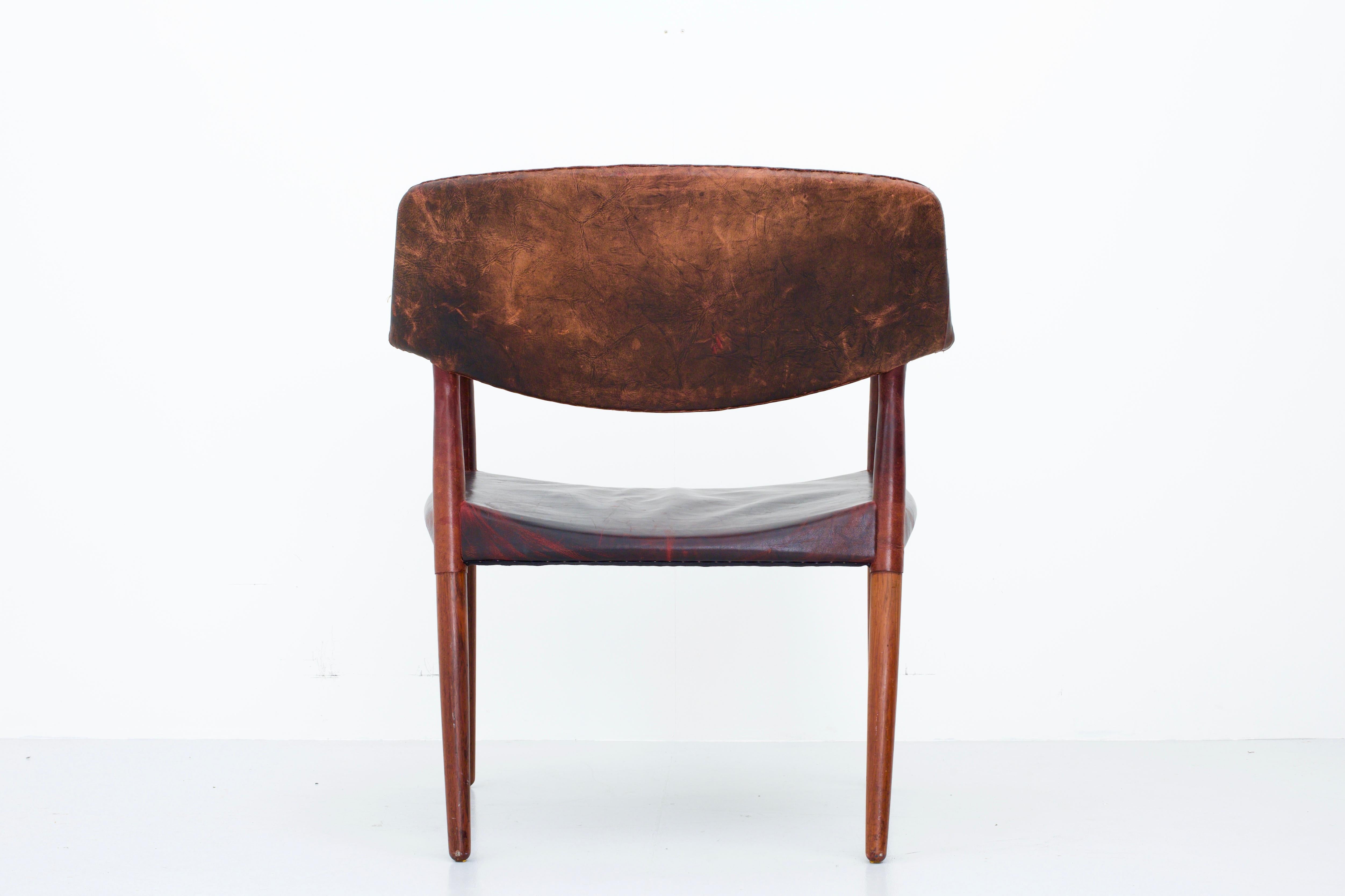 Patinated Armchair by Larsen and Madsen in Leather and Wood by W. Beck, Denmark, 1950 For Sale