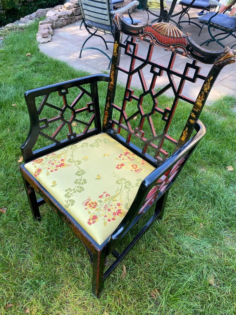 Chinese Armchair Chinoiserie Black Laquer Gold-Yellow Silk Lampas Faux Bamboo Landscape For Sale